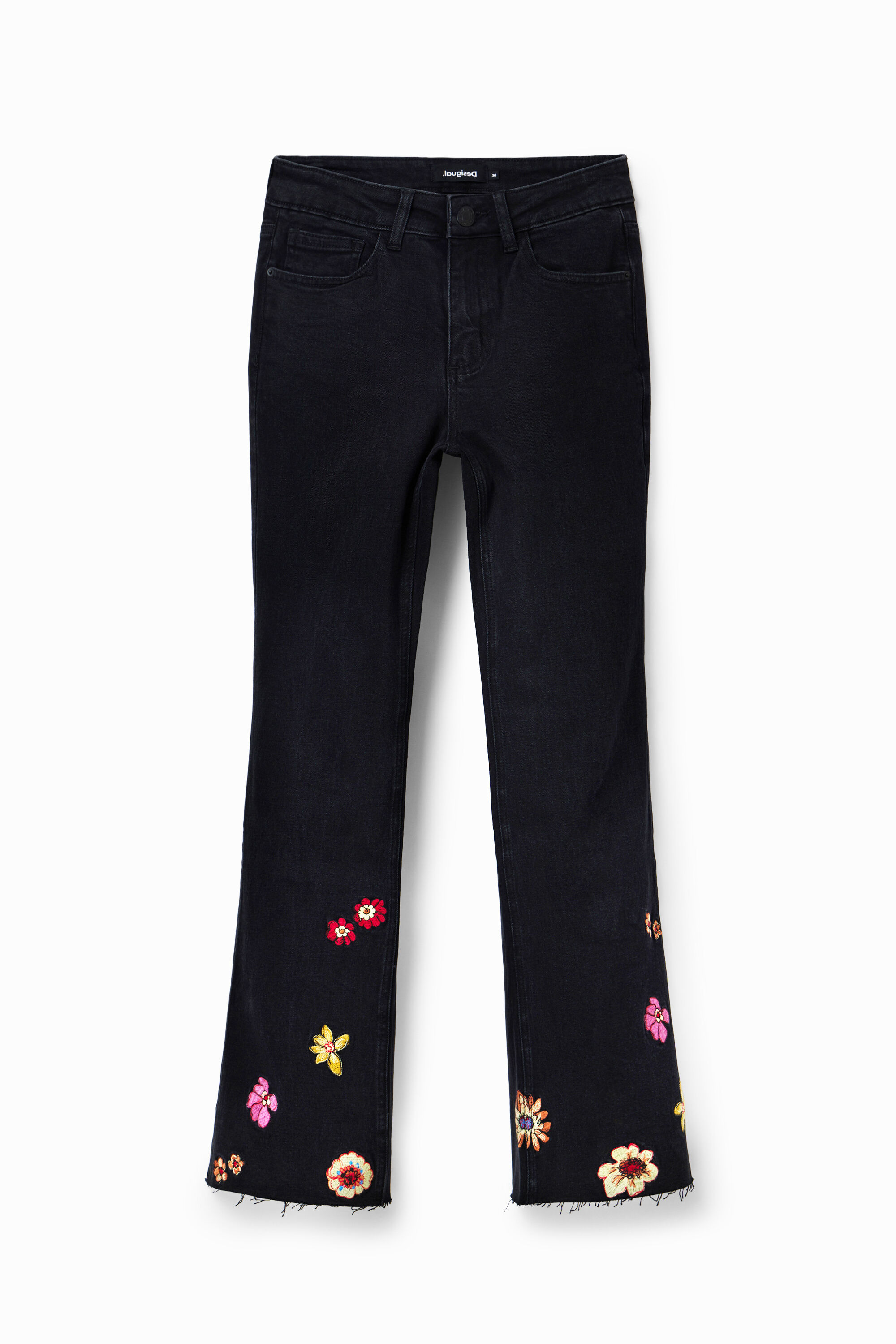 Jeans cropped svasati ricamo fiori - BLACK (34)