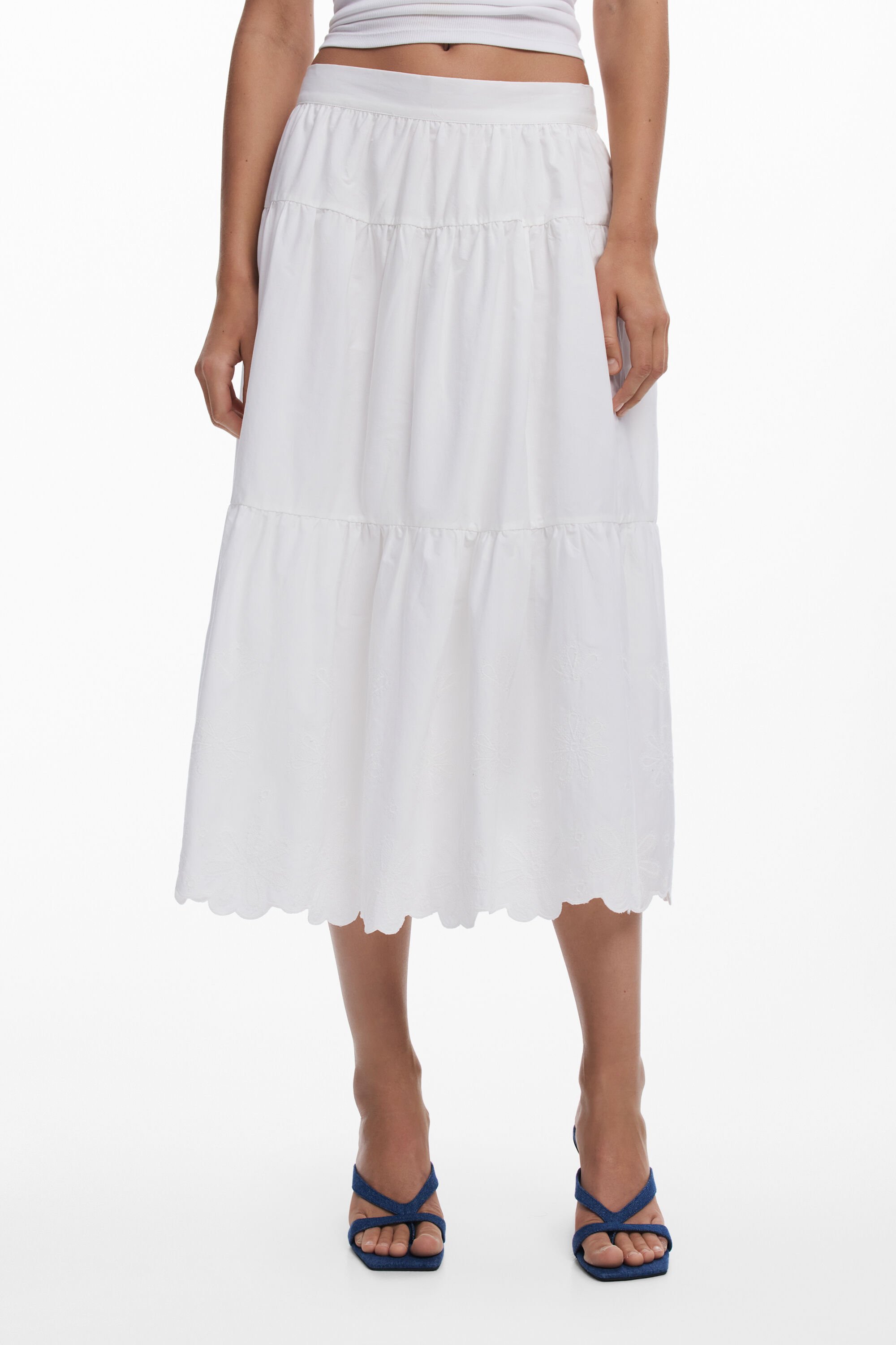 Desigual Embroidered Cotton Midi Skirt In White