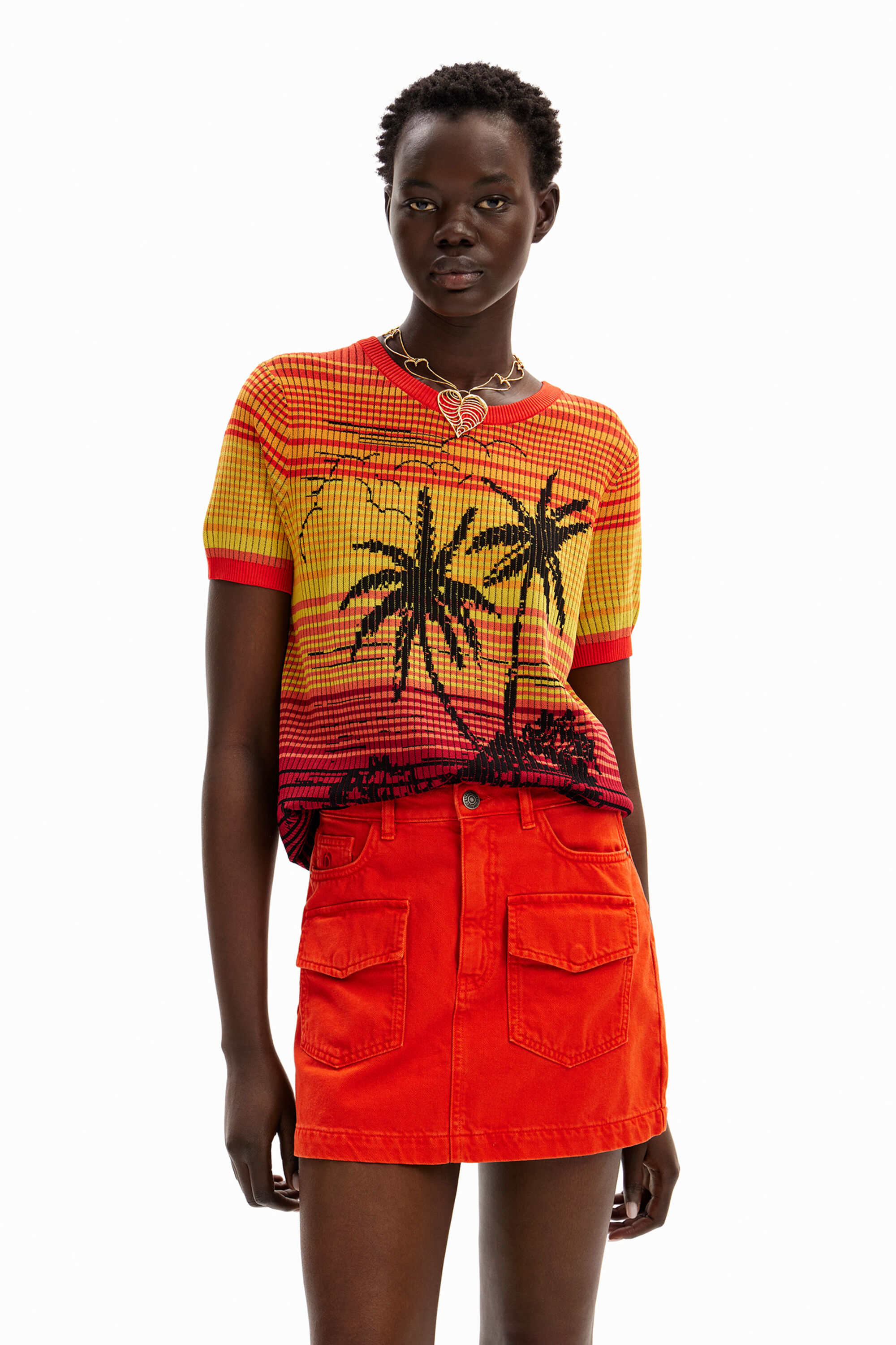 Desigual Knit Palm Tree T-shirt In Orange