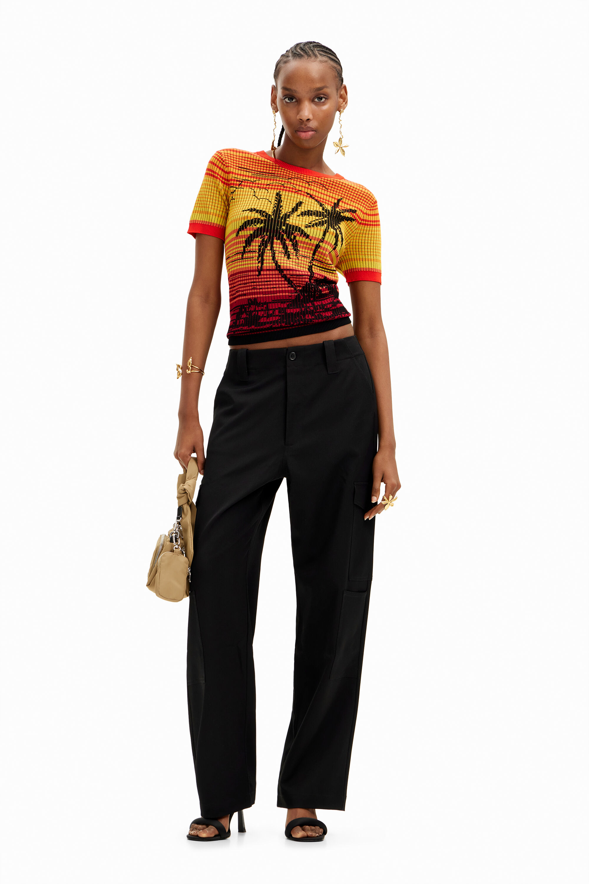 Knit palm tree T-shirt - ORANGE - L