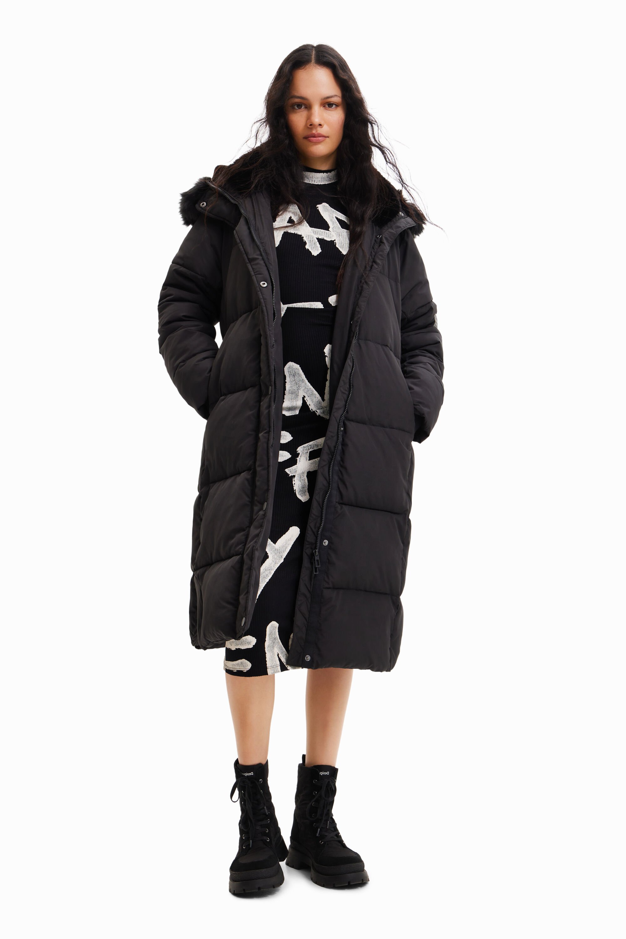 Desigual Long padded coat with belt