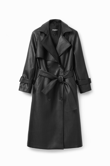 Belted leather-effect trench coat