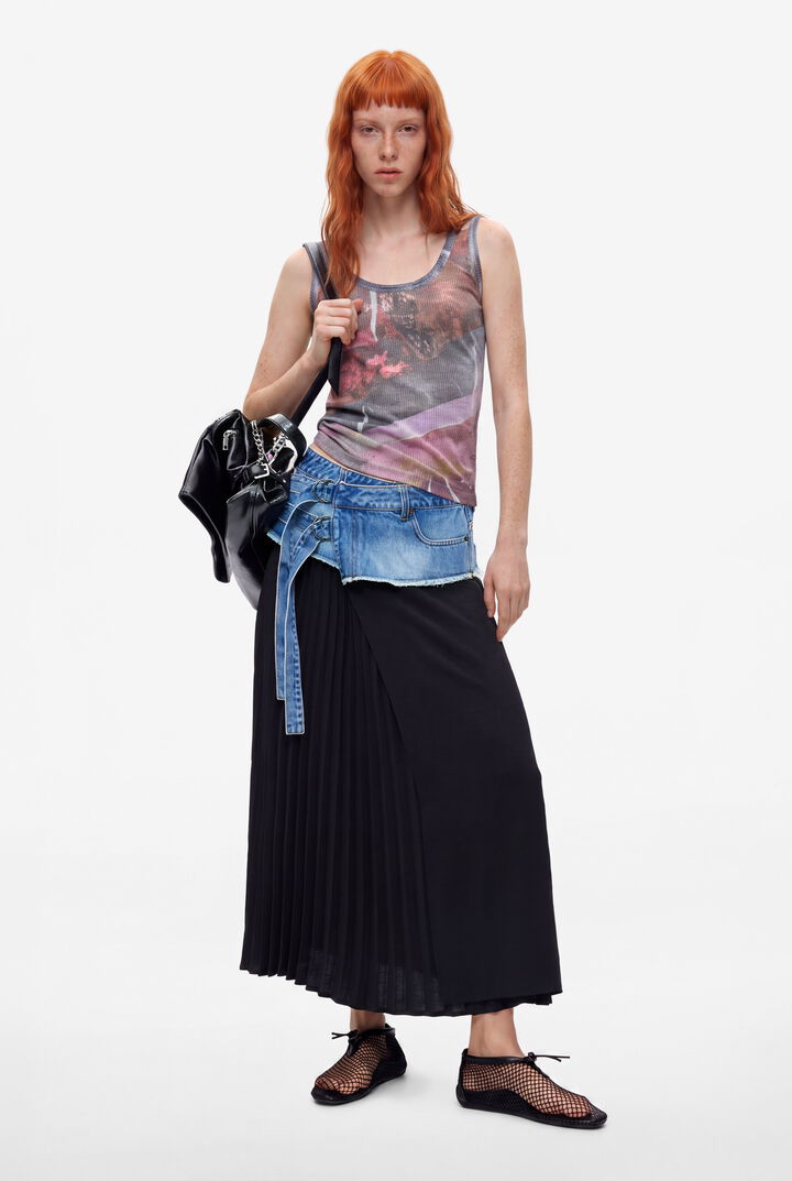 Long pleated denim skirt