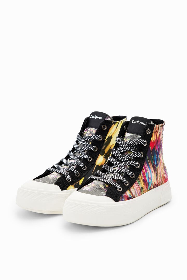 High-top glitch patchwork sneakers