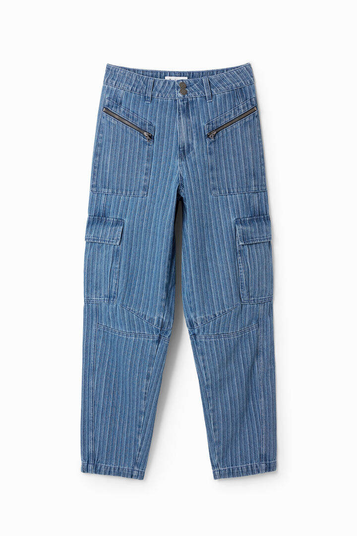 Striped denim cargo pants.
