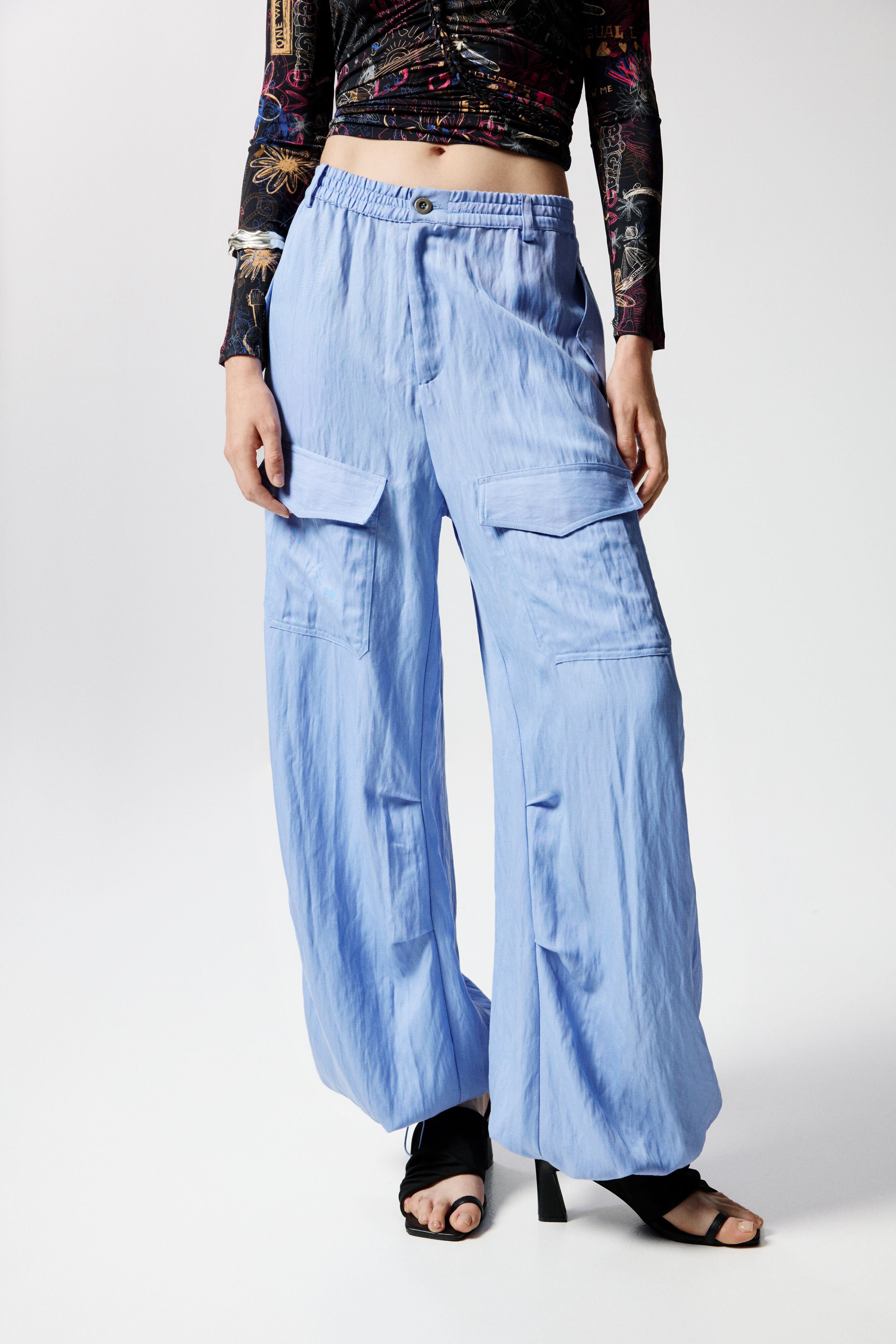 Pantalón cargo bolsillos, Lyocell, Azul,