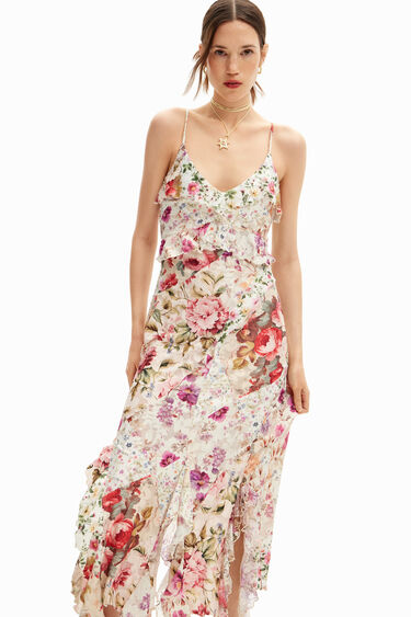 Long dress with floral print and ruffles. | Desigual