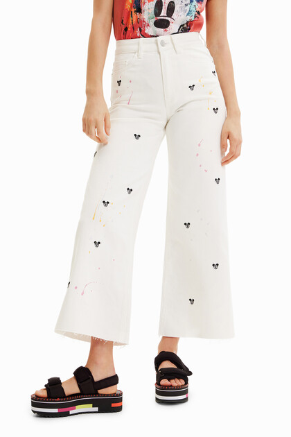 Spodnie dżinsowe culotte cropped z Myszką Miki