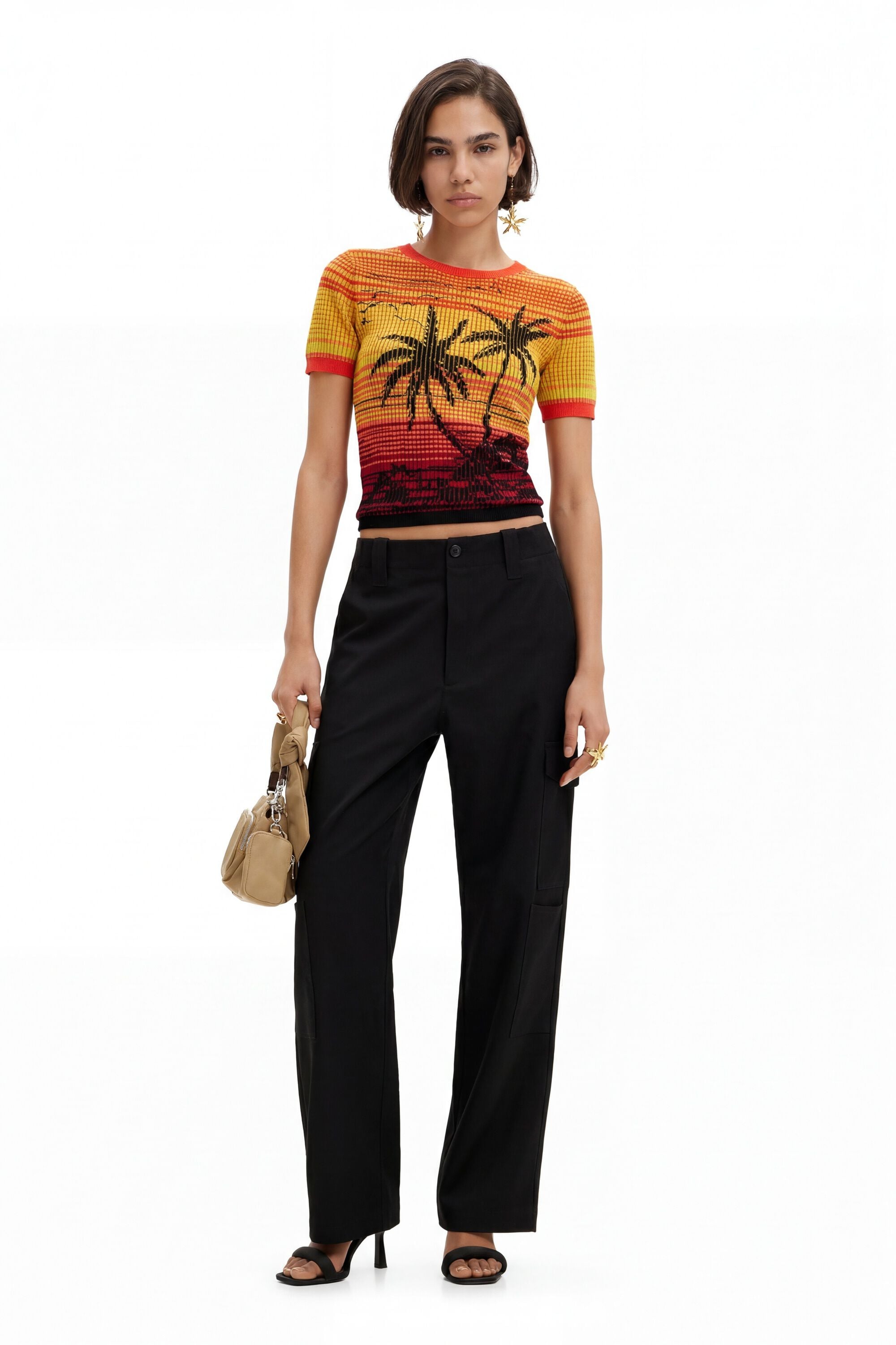 Desigual, Gebreid T-shirt palmbomen, Oranje, XS
