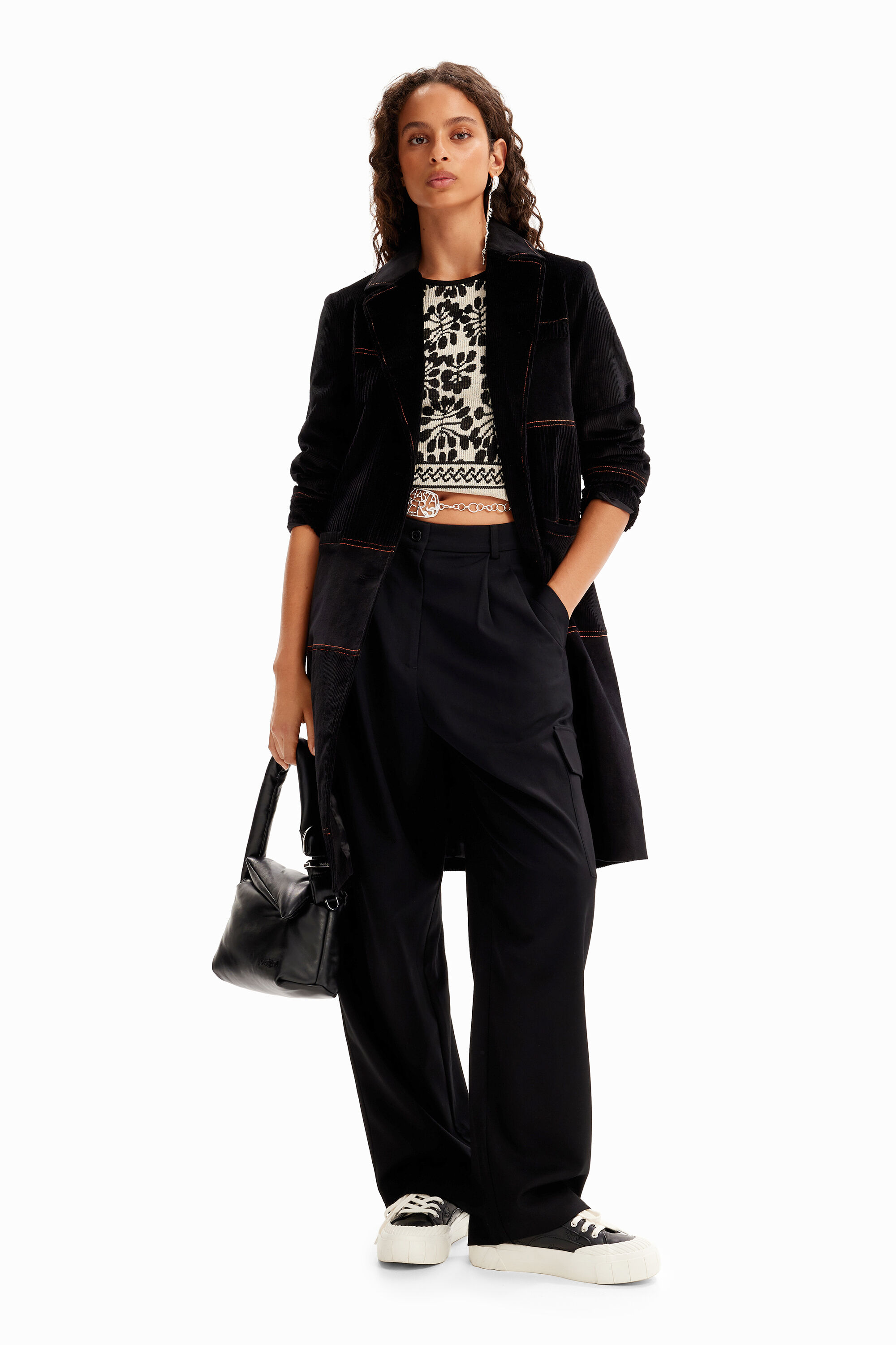 Long patchwork corduroy coat