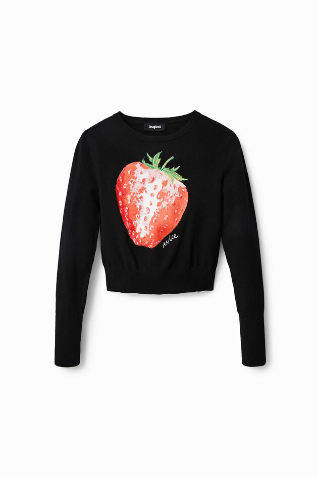 Schwarzer Cropped Pullover mit Erdbeere