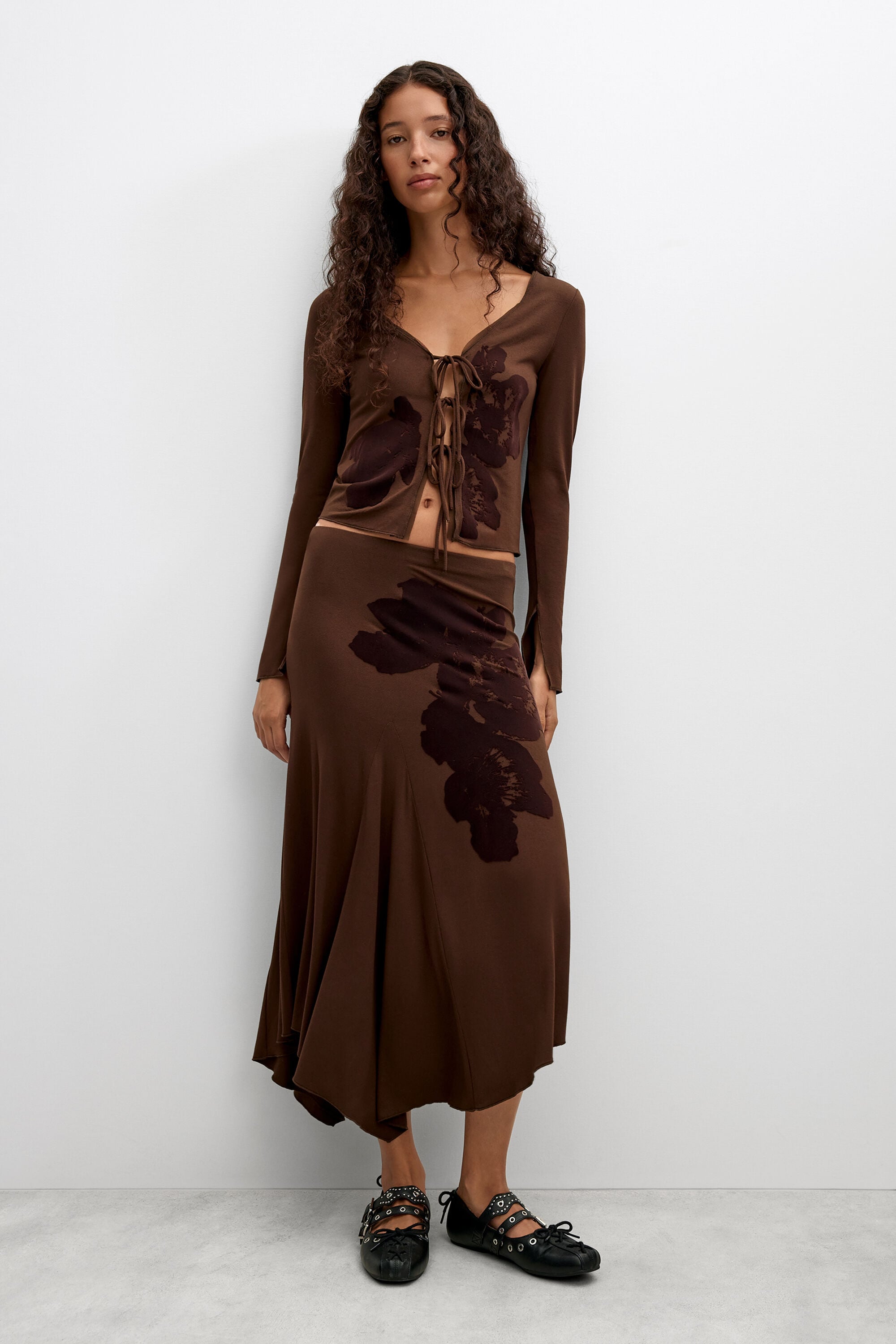 Desigual, flocked midi skirt, Viscose, Brown, XS
