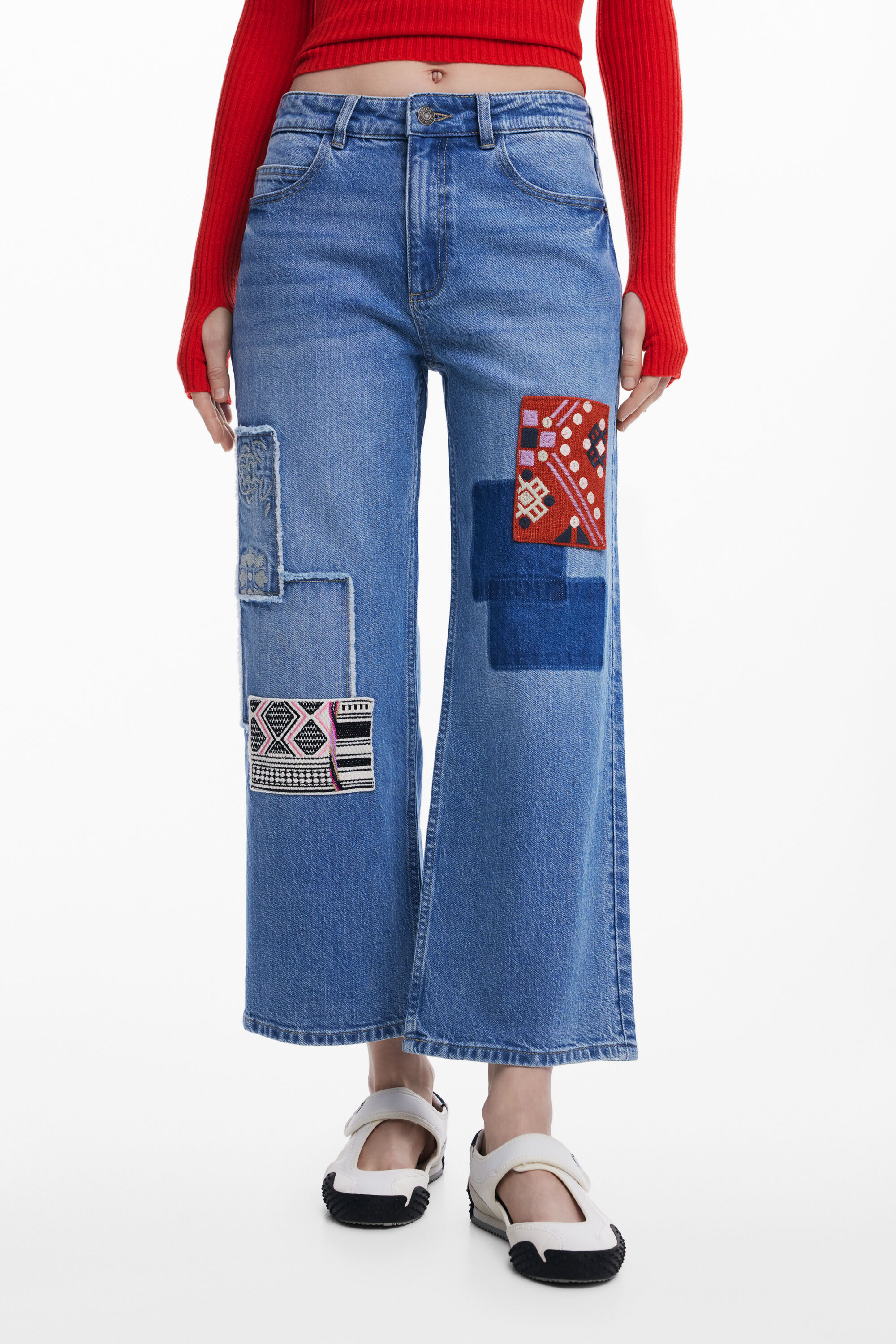 Desigual Embroidered Patch Crop Straight Leg Jeans In Blue