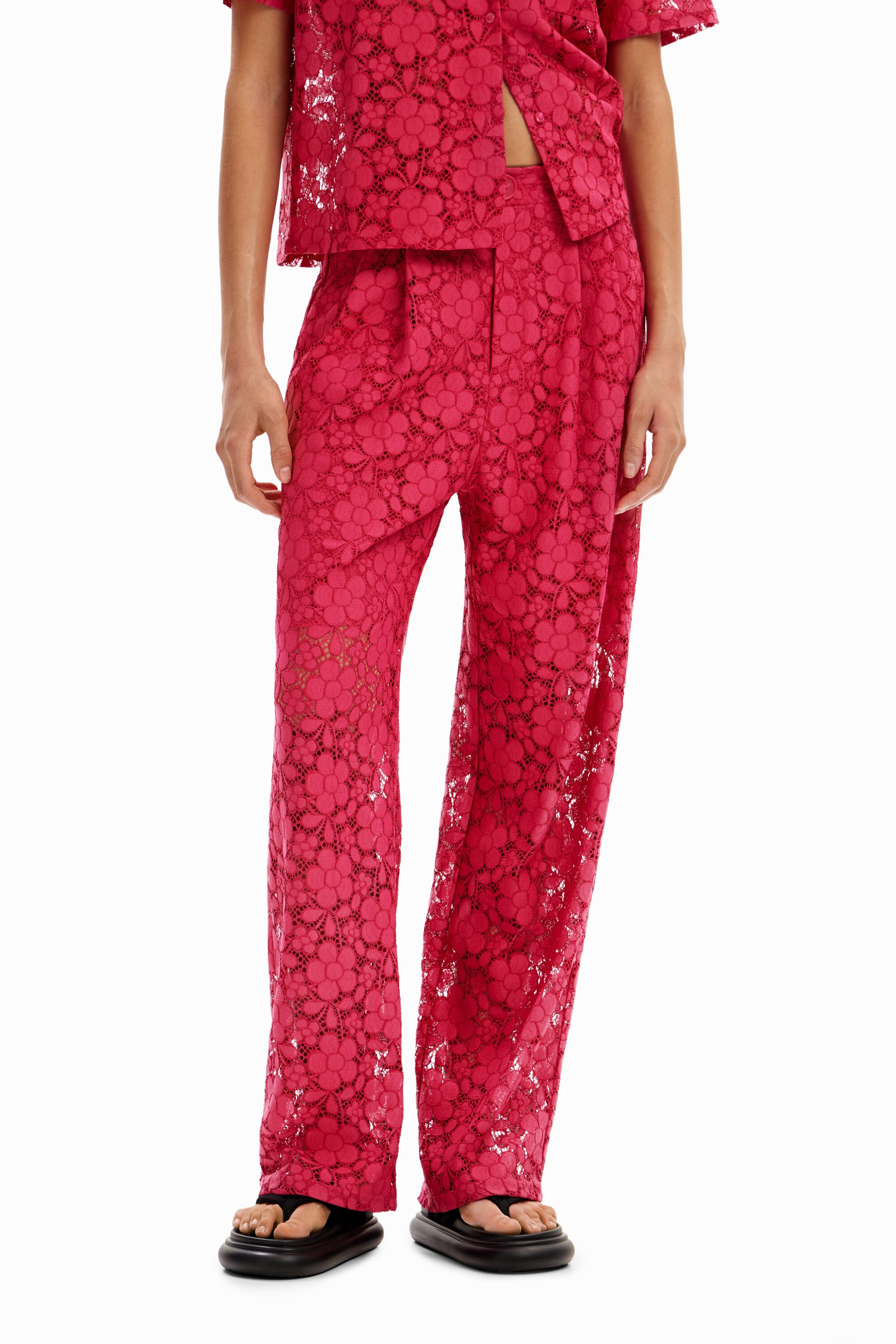 Shop Desigual Tailored Floral Lace Trousers In Red