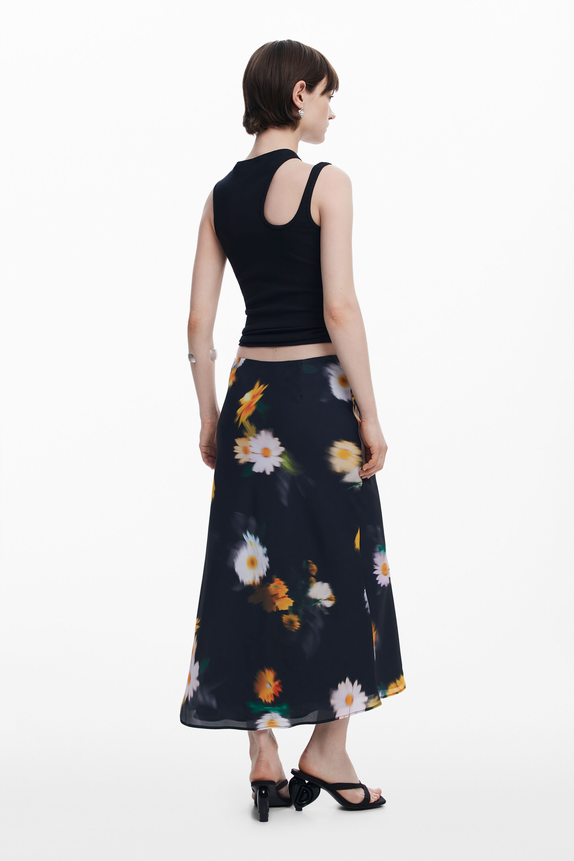 Desigual Blurred Floral Midi Skirt In Black