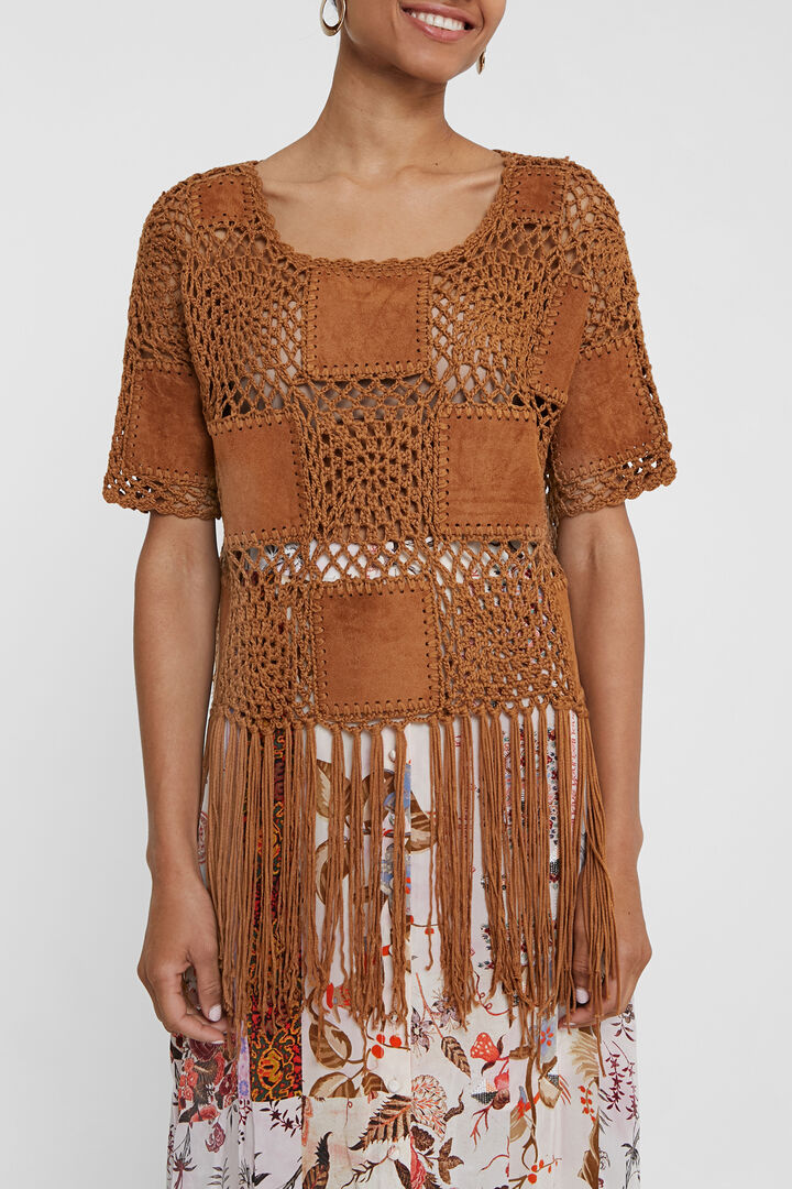 Pull patch en crochet, cuir et à franges | Desigual