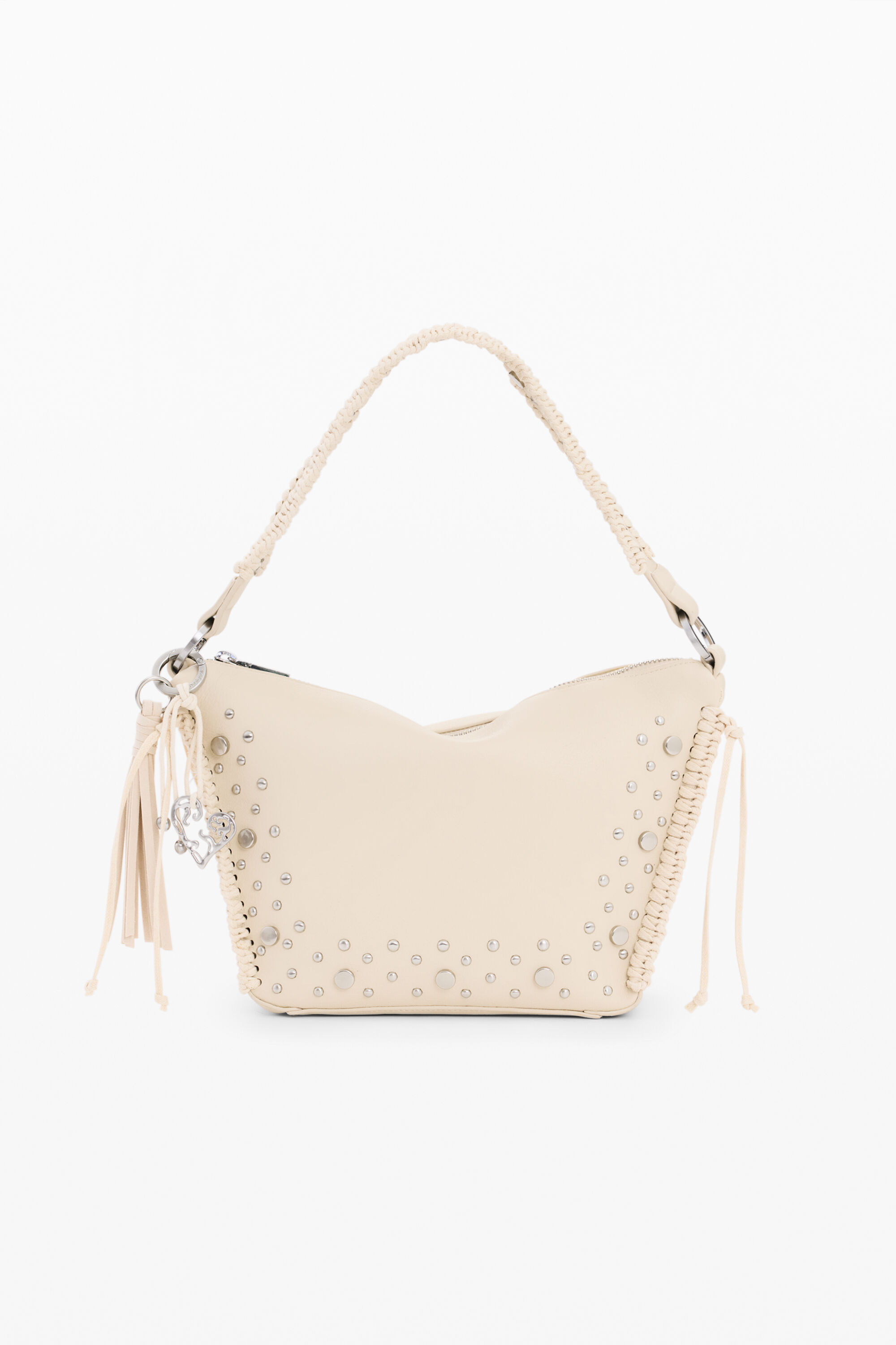 Desigual, Mittelgroße tasche nieten fransen, Damen, Polyurethan, Weiß, U