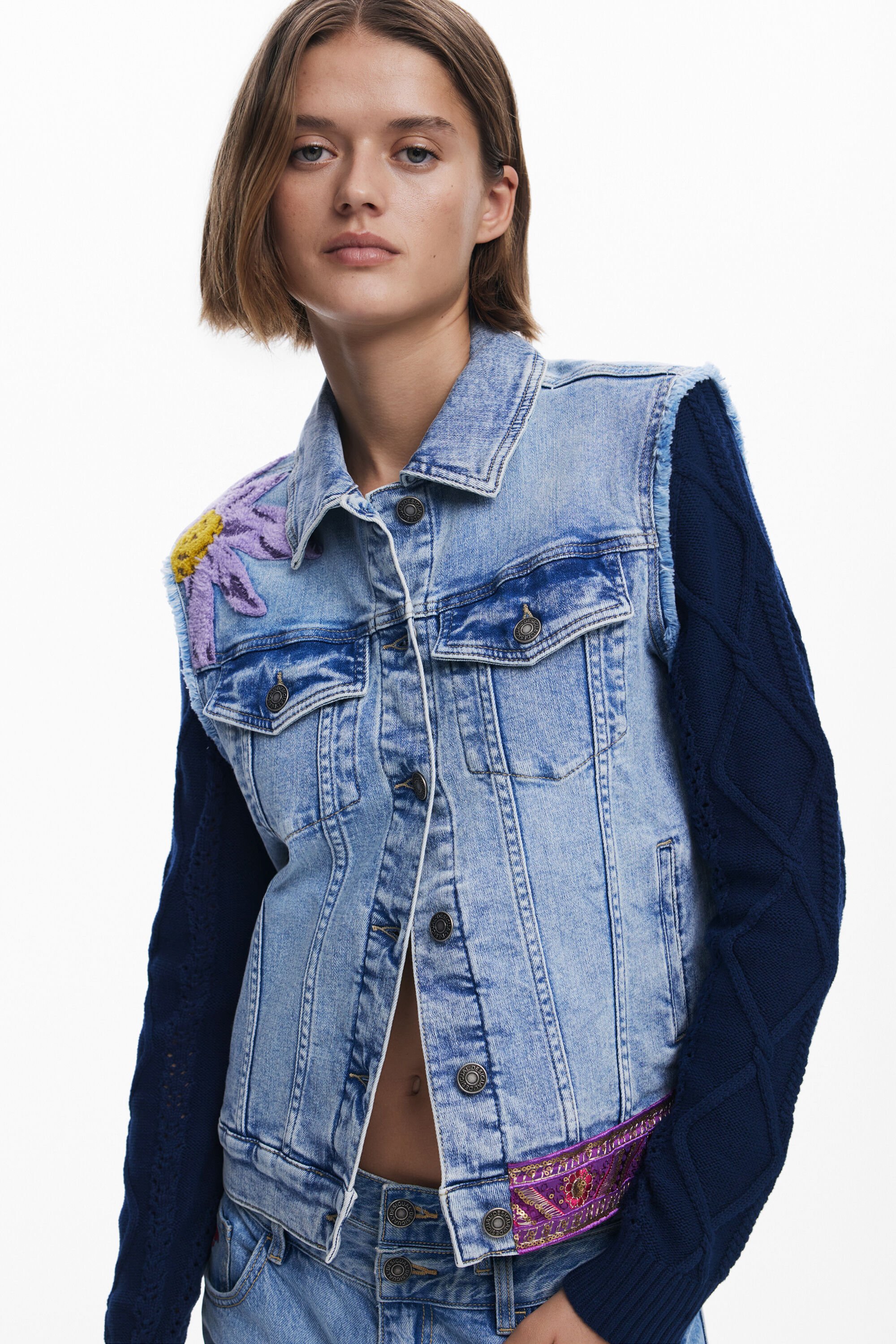 Desigual Combined Floral Trucker Jacket In Blue