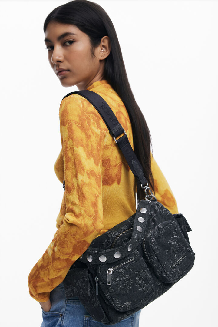 Medium denim multi-pocket embroidered bag | Desigual