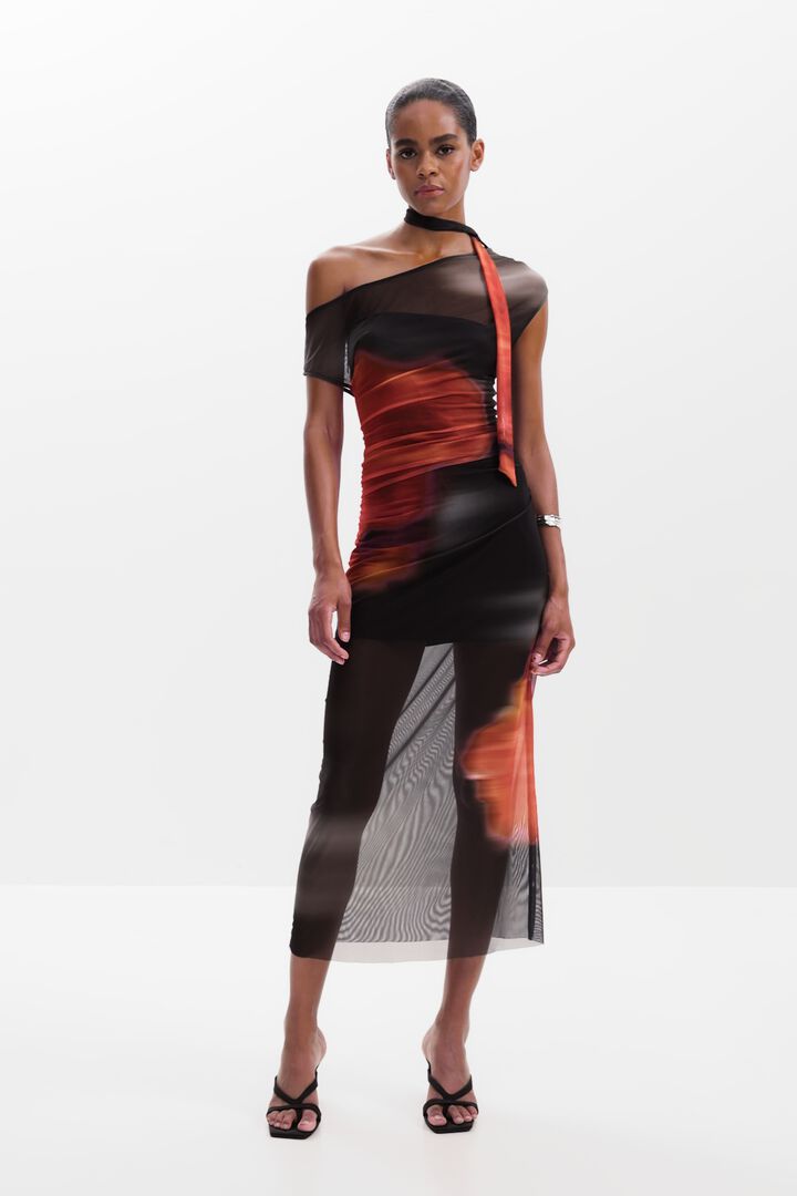 Robe drapée à décolleté asymétrique fleur | Desigual