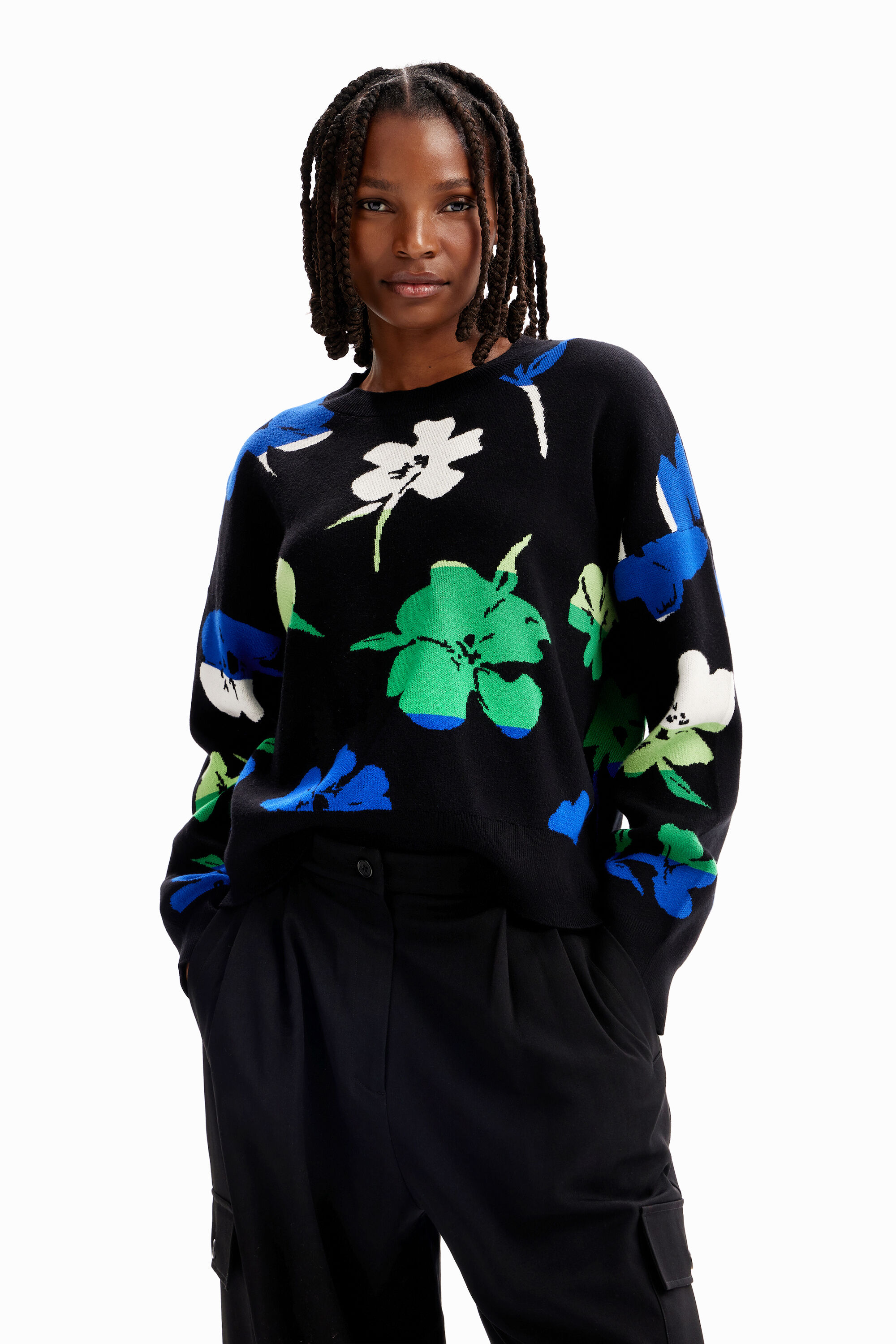 Desigual Oversize Floral Pullover In Black