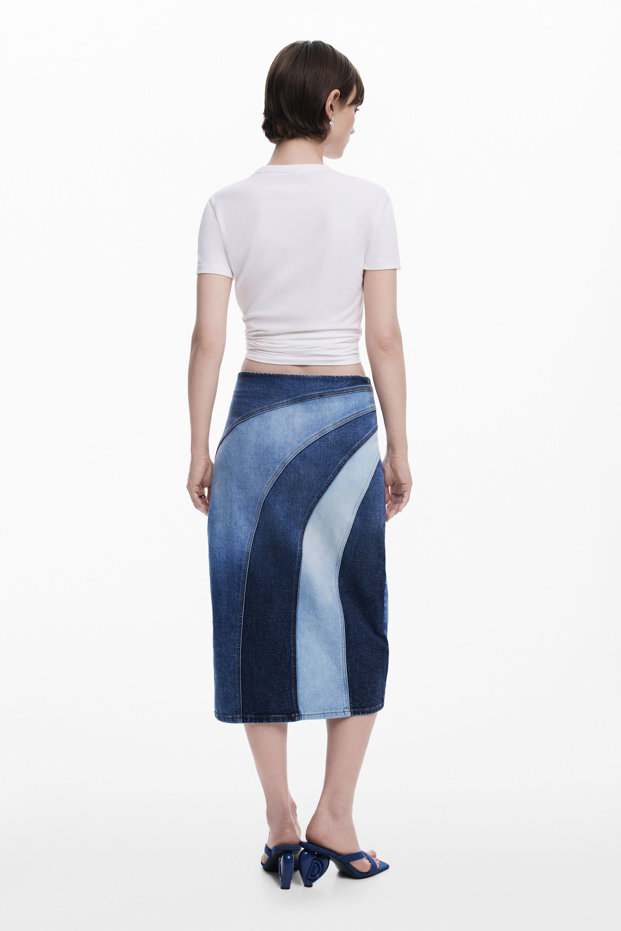 Desigual Denim Midi Skirt With Panels In Blue