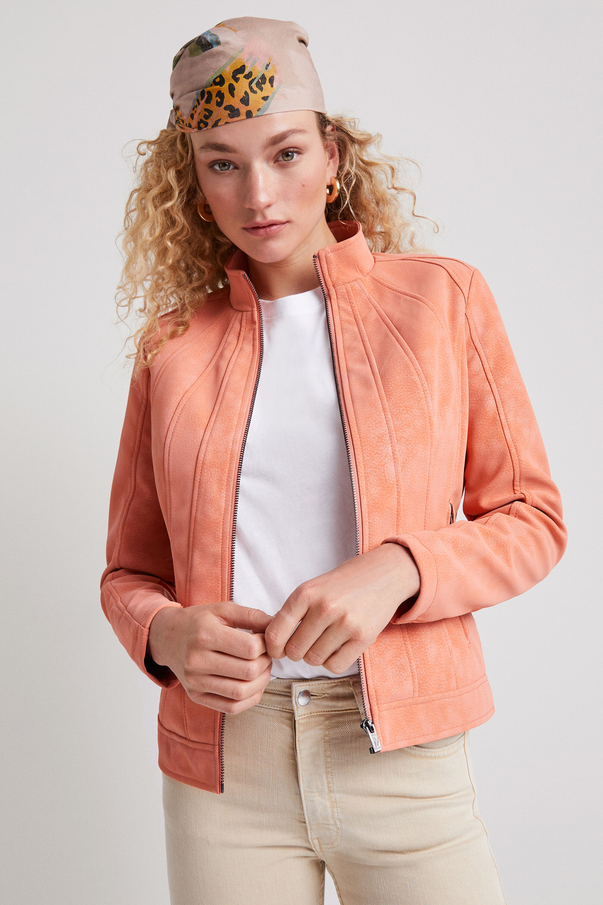 peach colour leather jacket