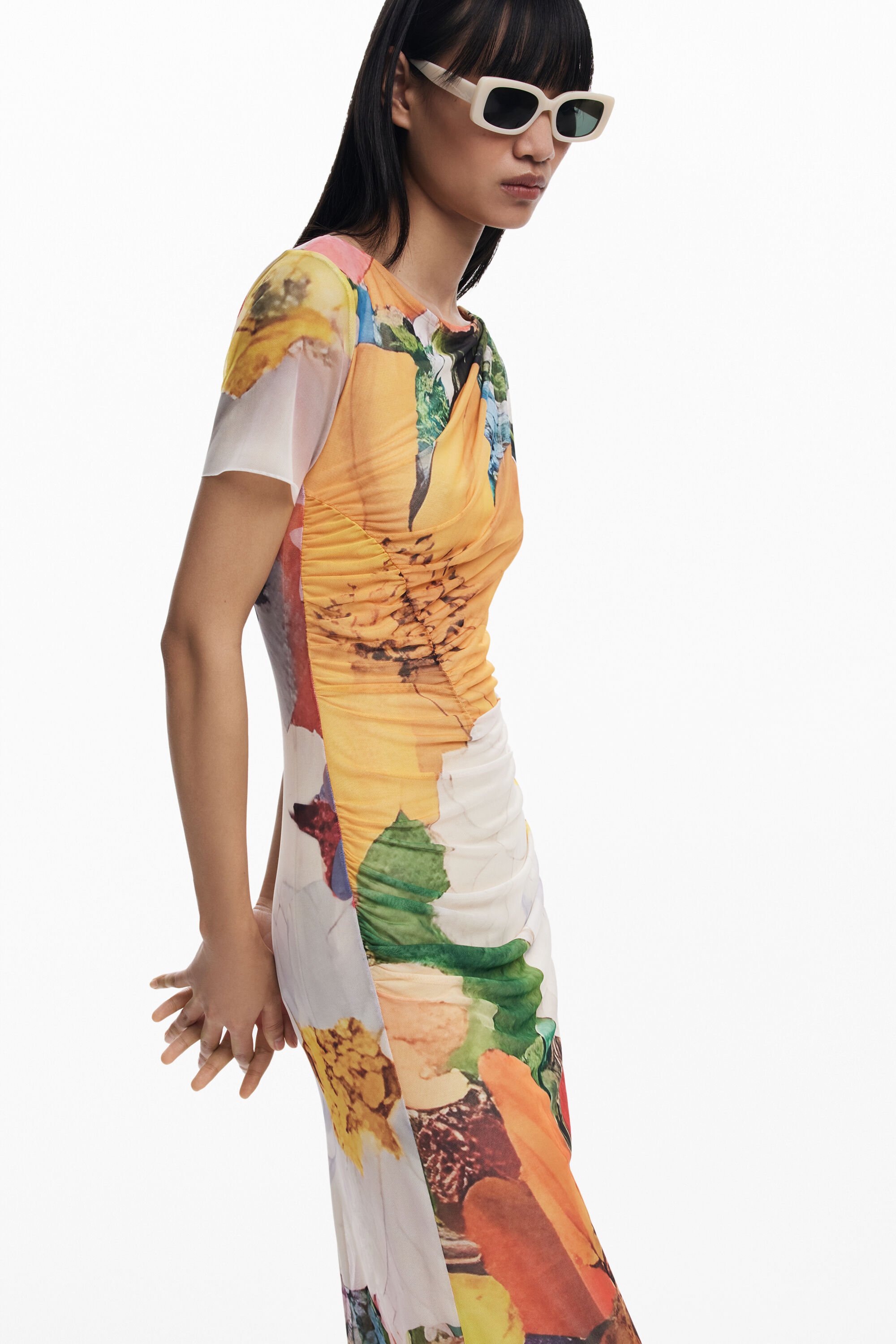 Desigual Midi Tulle Dress With Flowers In Orange