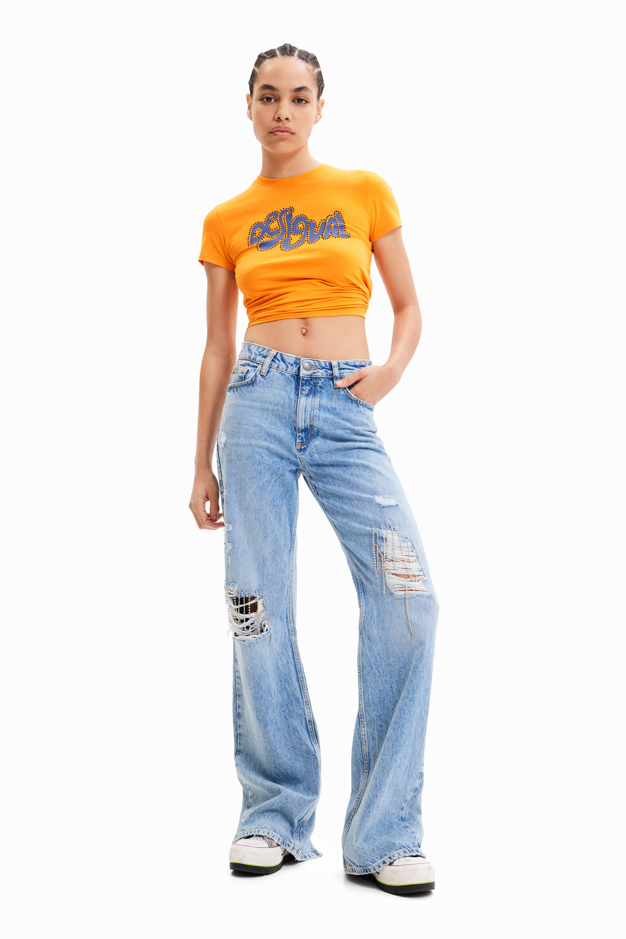 Desigual Wide-leg Rhinestone Jeans In Blue