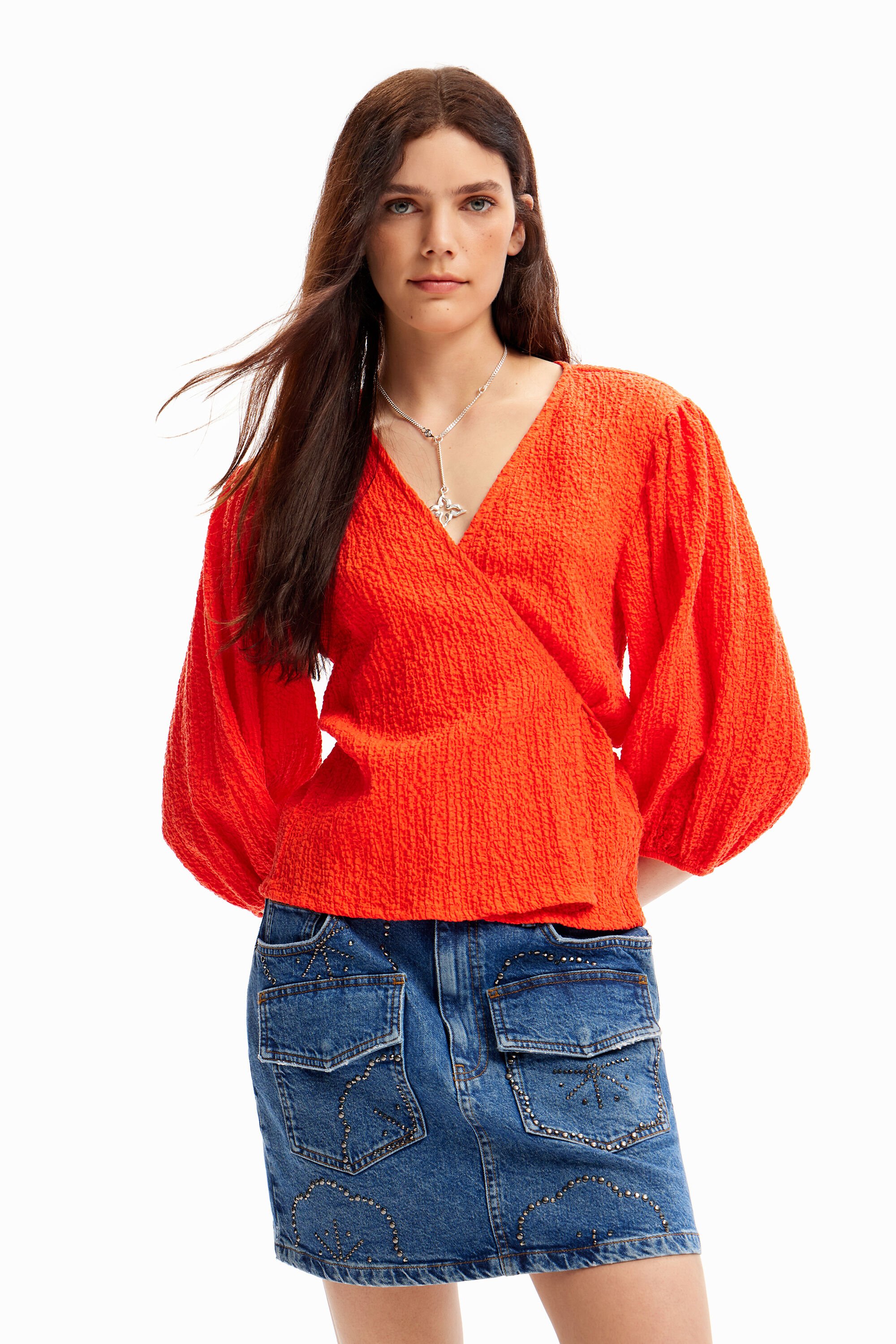 Textured wrap blouse - ORANGE - XS