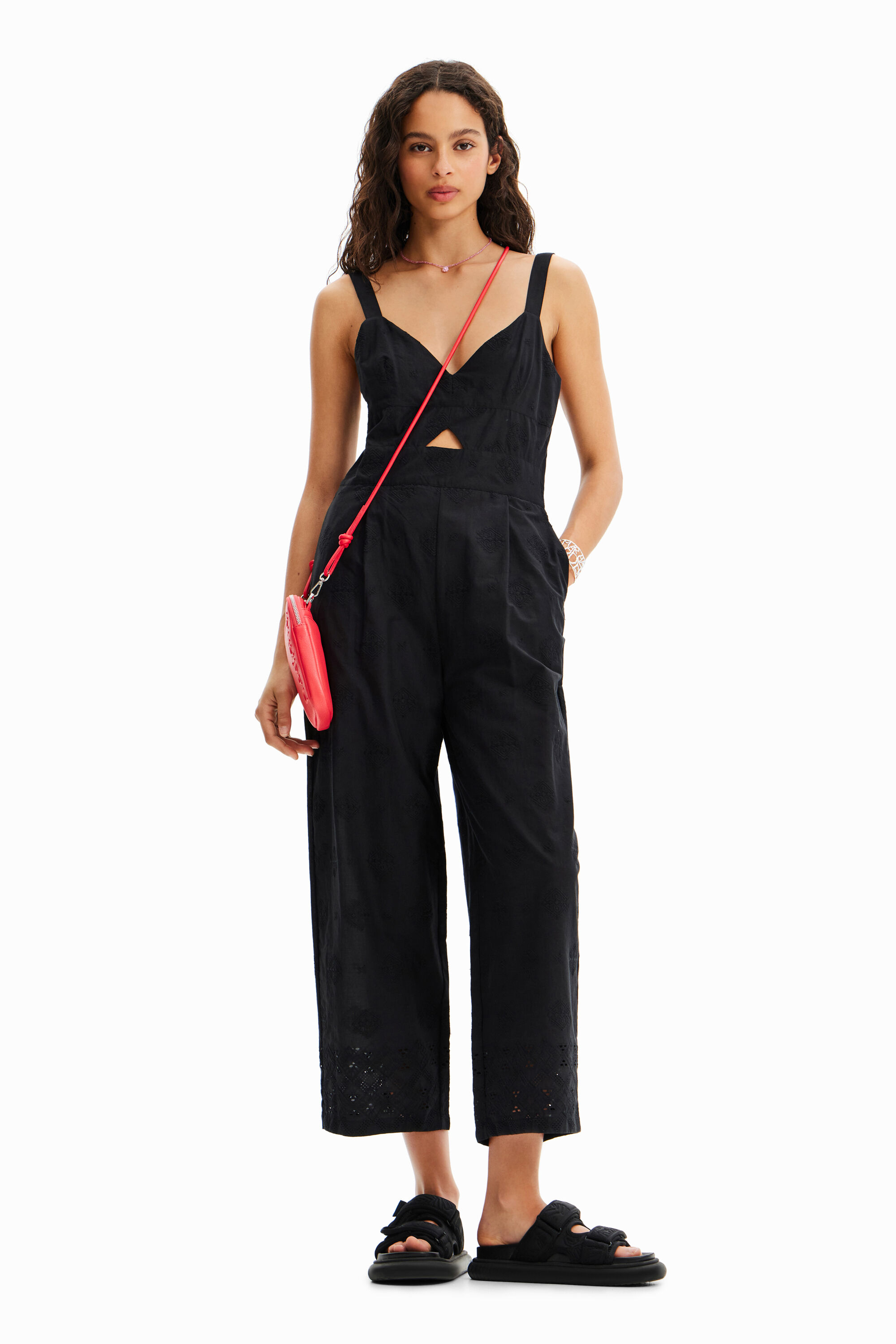Flocked long jumpsuit - BLACK - S