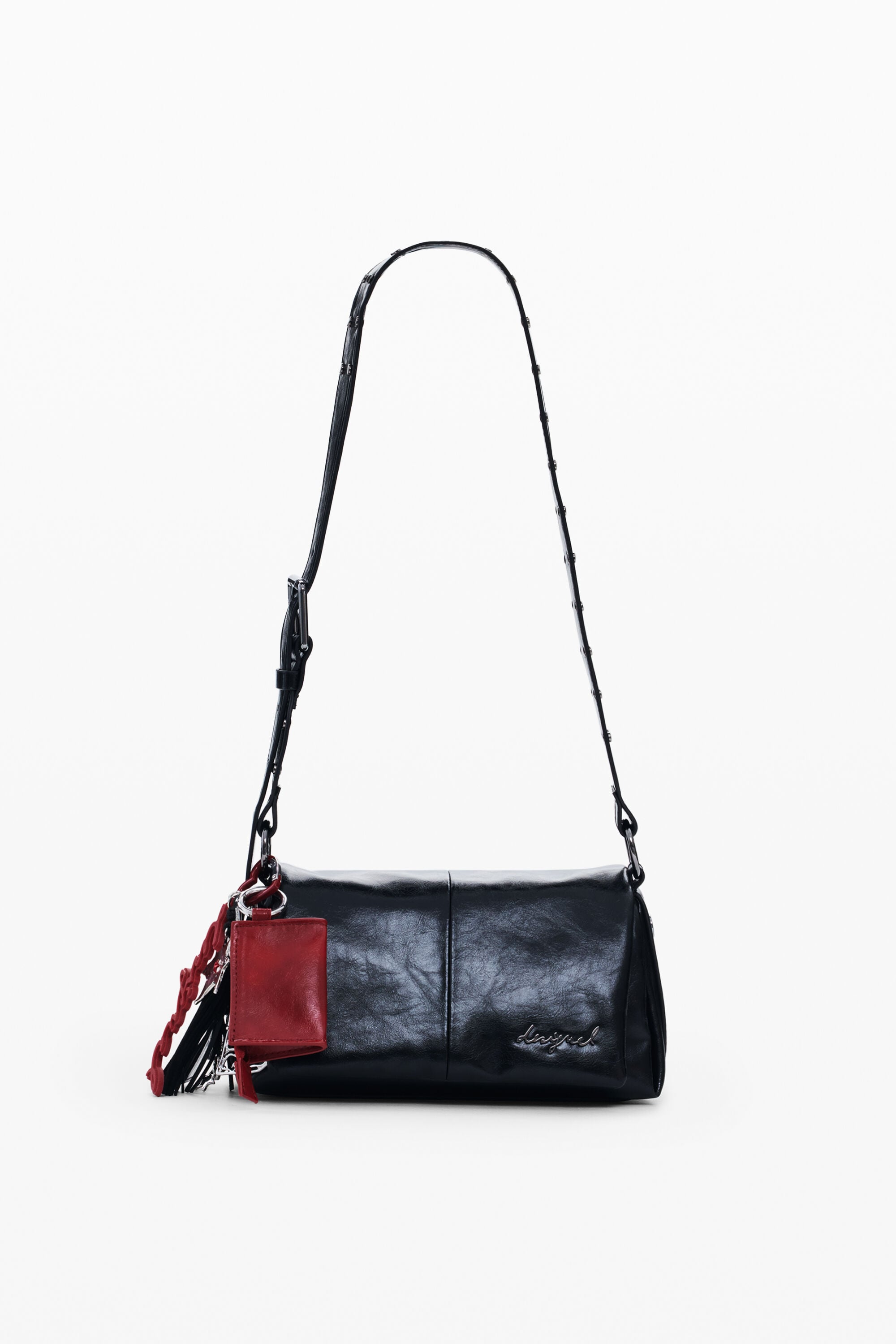 Bolso brillante charm pequeño, Poliuretano, Negro, U