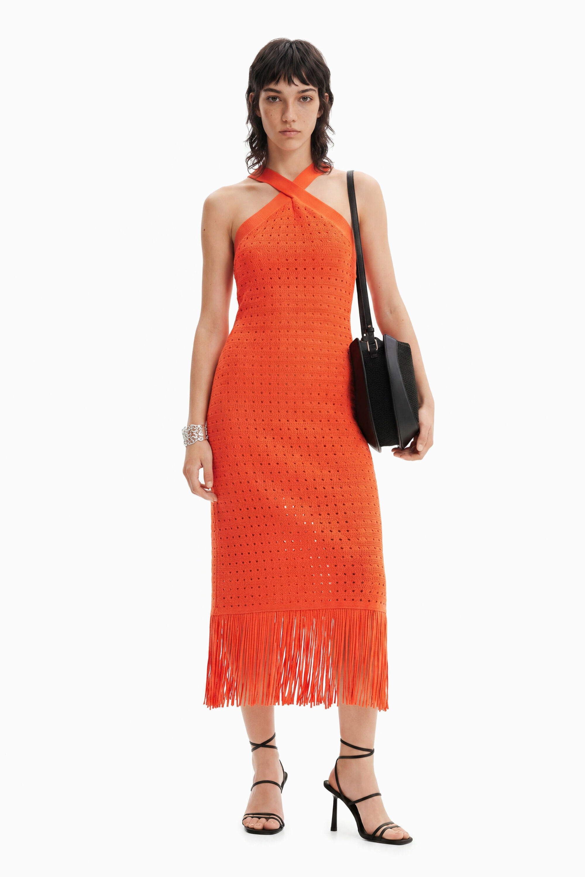 Desigual, Vestido midi halter flecos, Naranja