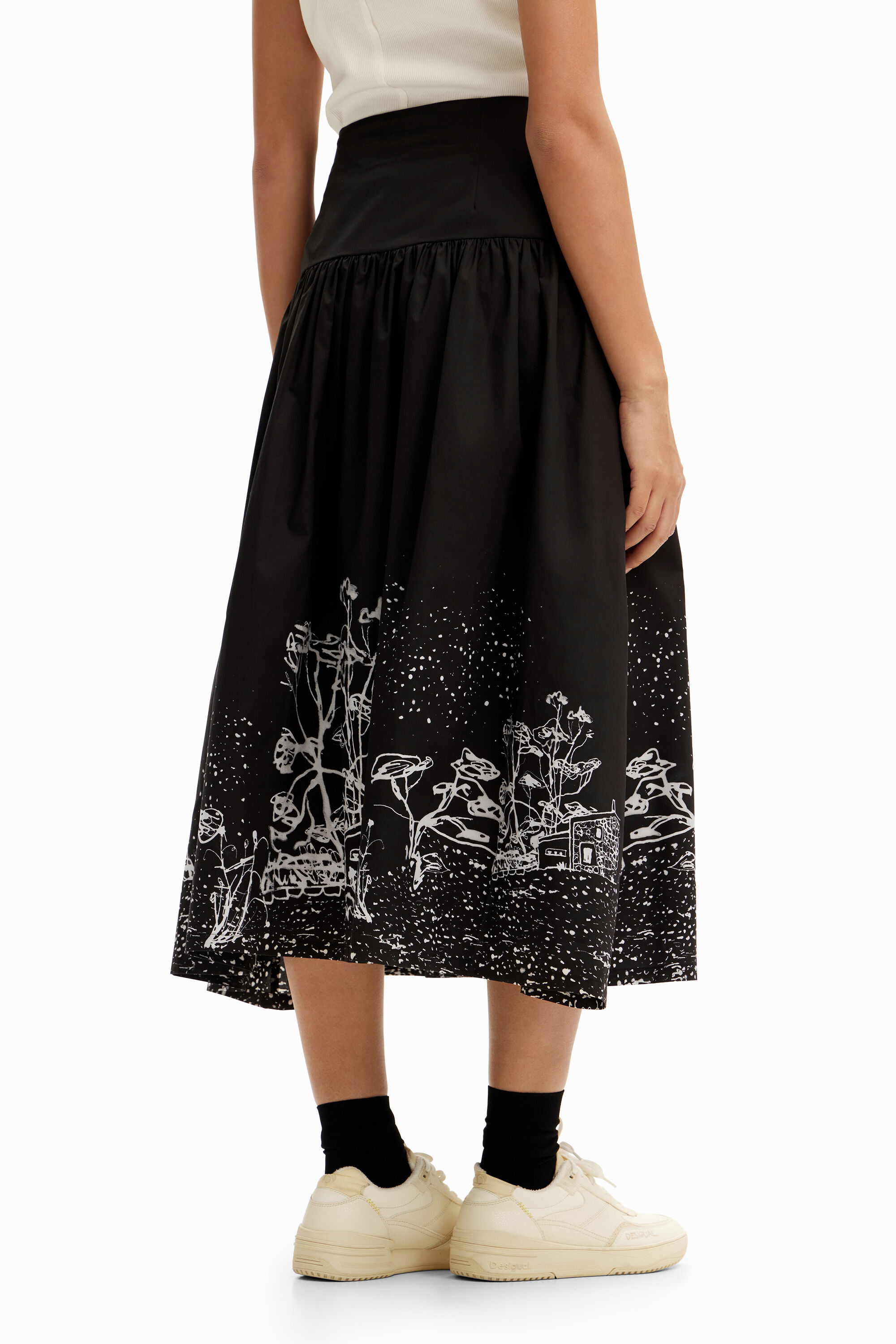 Shop Desigual Poplin Landscape Midi Skirt In Black