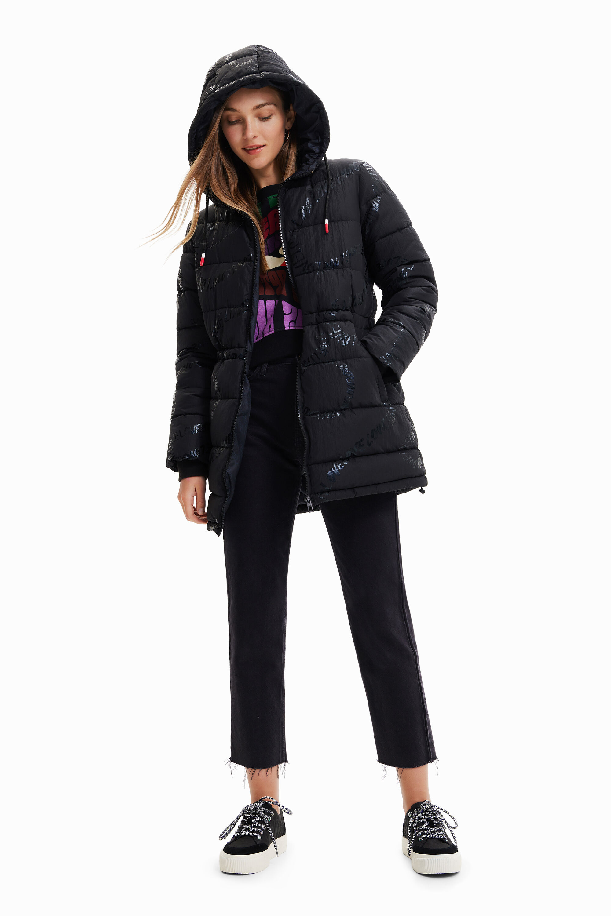 Desigual Padded long coat with text