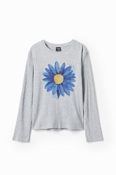 Geripptes T-Shirt mit Blumenmotiv | Desigual
