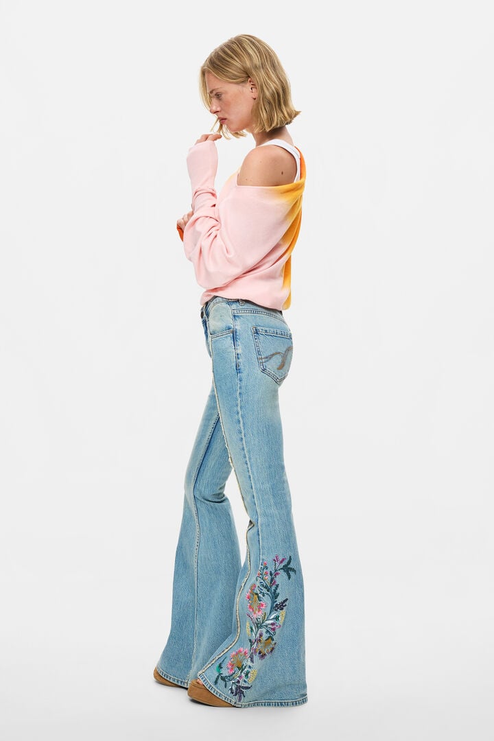 Jeans Trousers With Flower Topstitching | Desigual