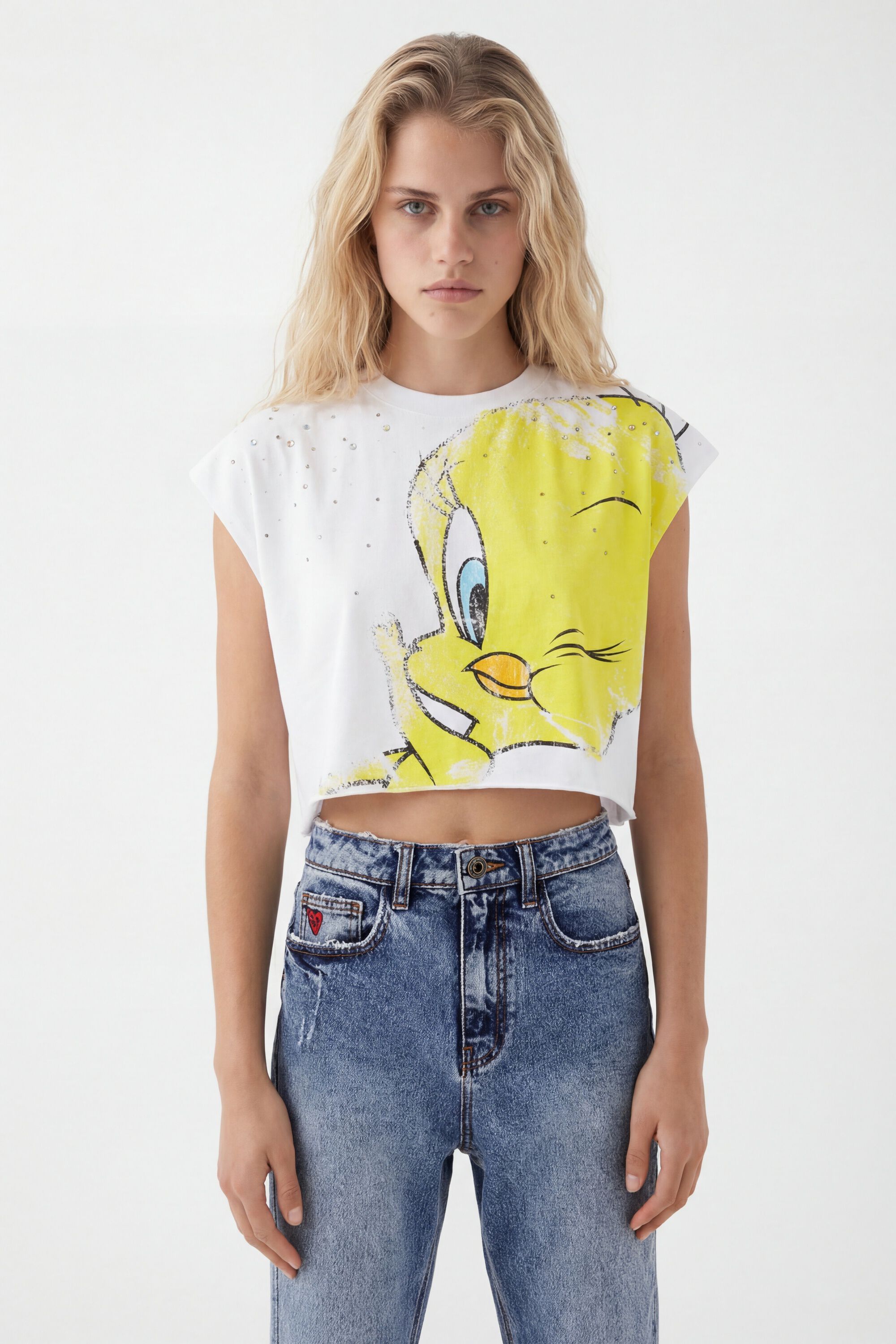 Desigual, Cropped Oversize-Shirt Tweety, Baumwolle, Weiß, S