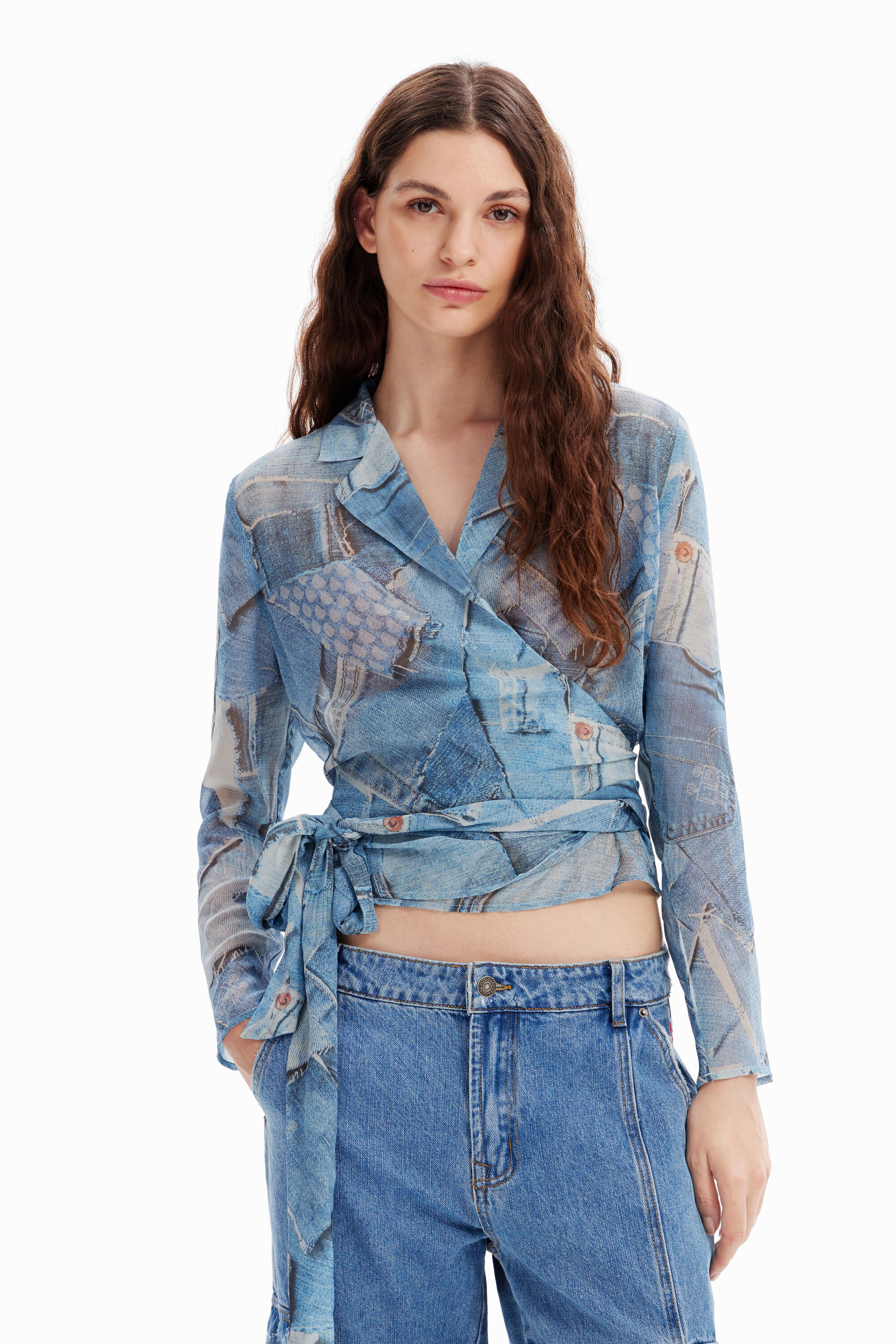 Denim patchwork wrap blouse - BLUE - L