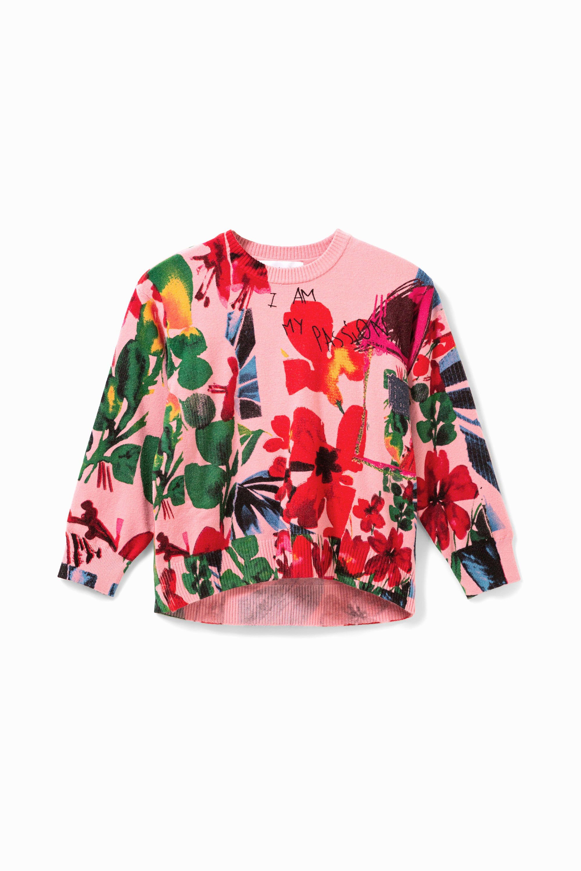 Blumiger Pullover mit gerafften Ärmelsäume