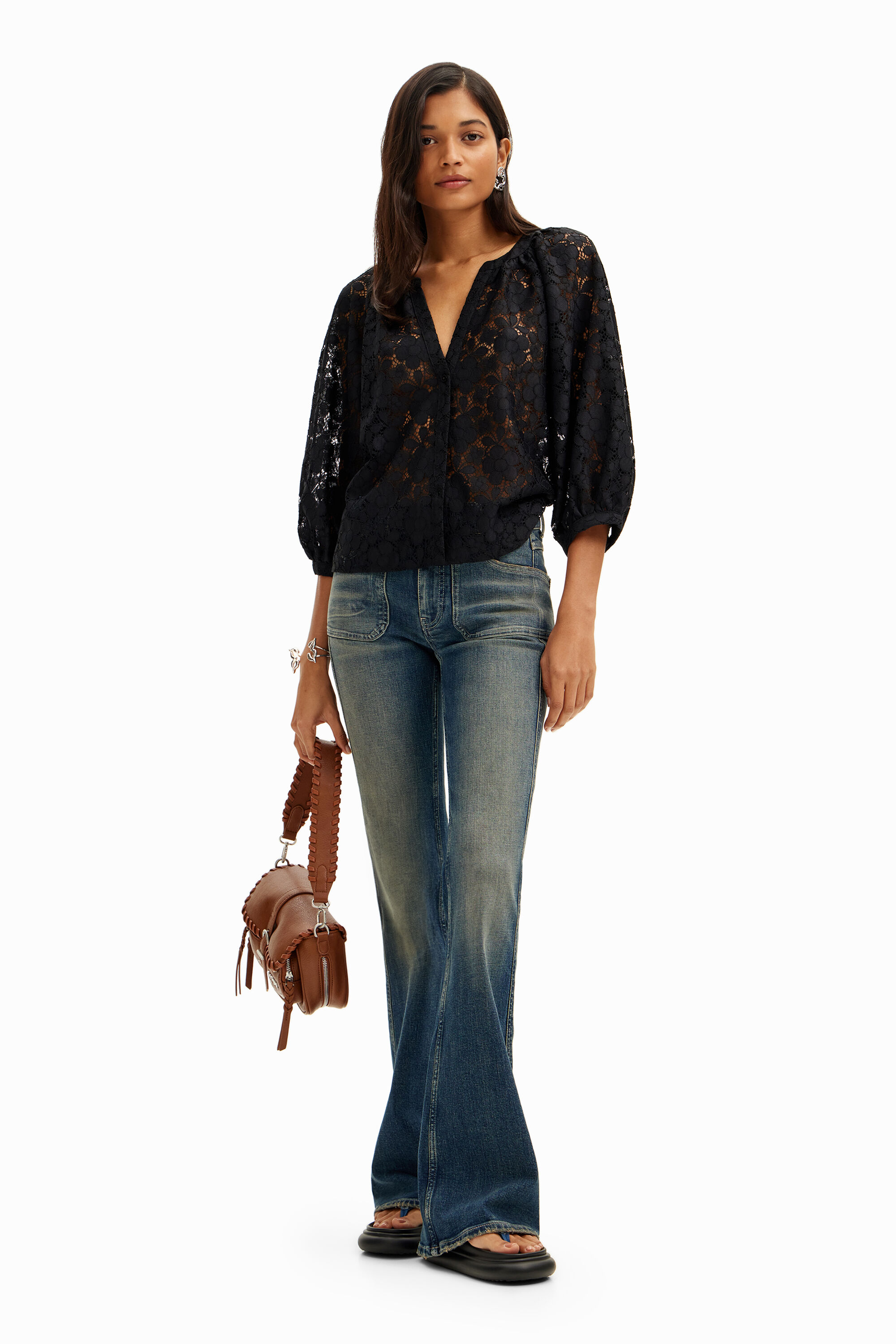 Desigual Floral Lace Blouse In Black