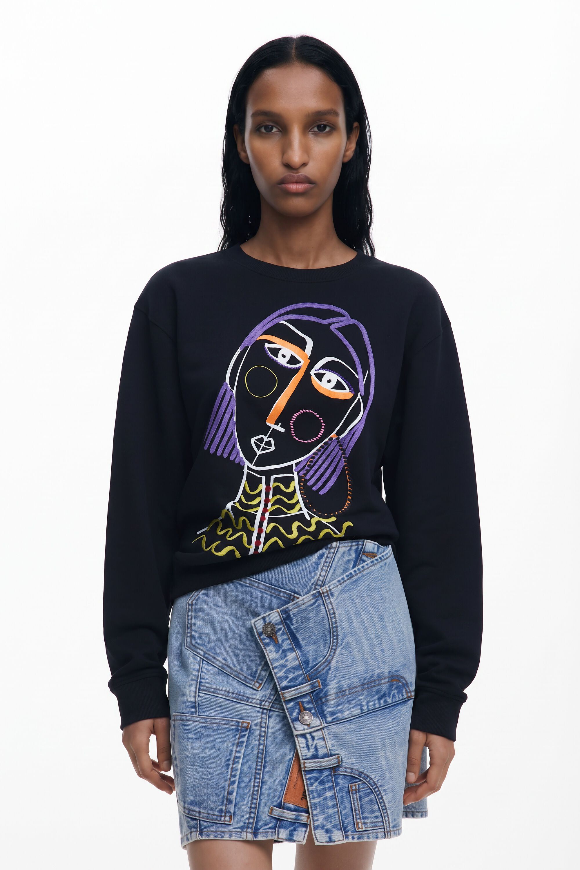 Desigual, Sudadera estampado, Algodon, Negro