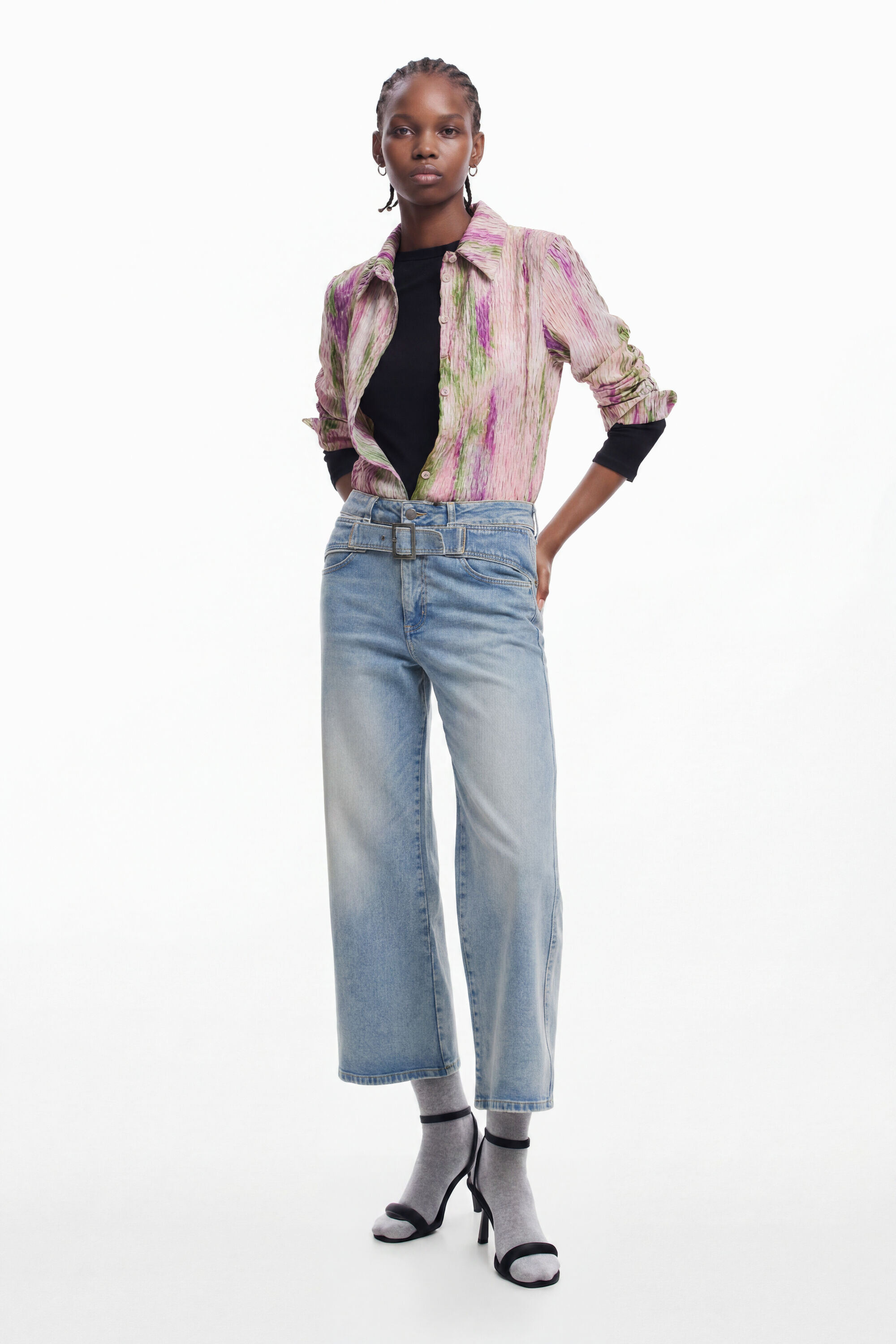 Desigual, Vaquero culotte cinturón, Algodon, Azul