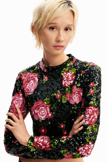 Blusa cropped rosas lentejuelas M. Christian Lacroix | Desigual