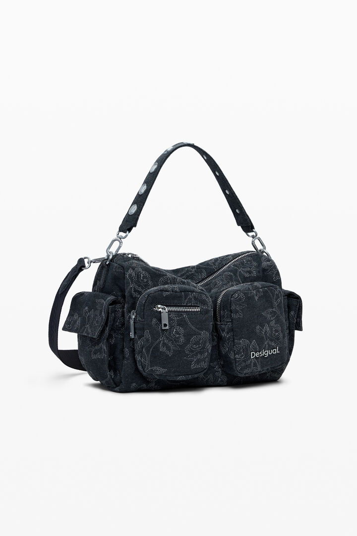 Medium denim multi-pocket embroidered bag | Desigual