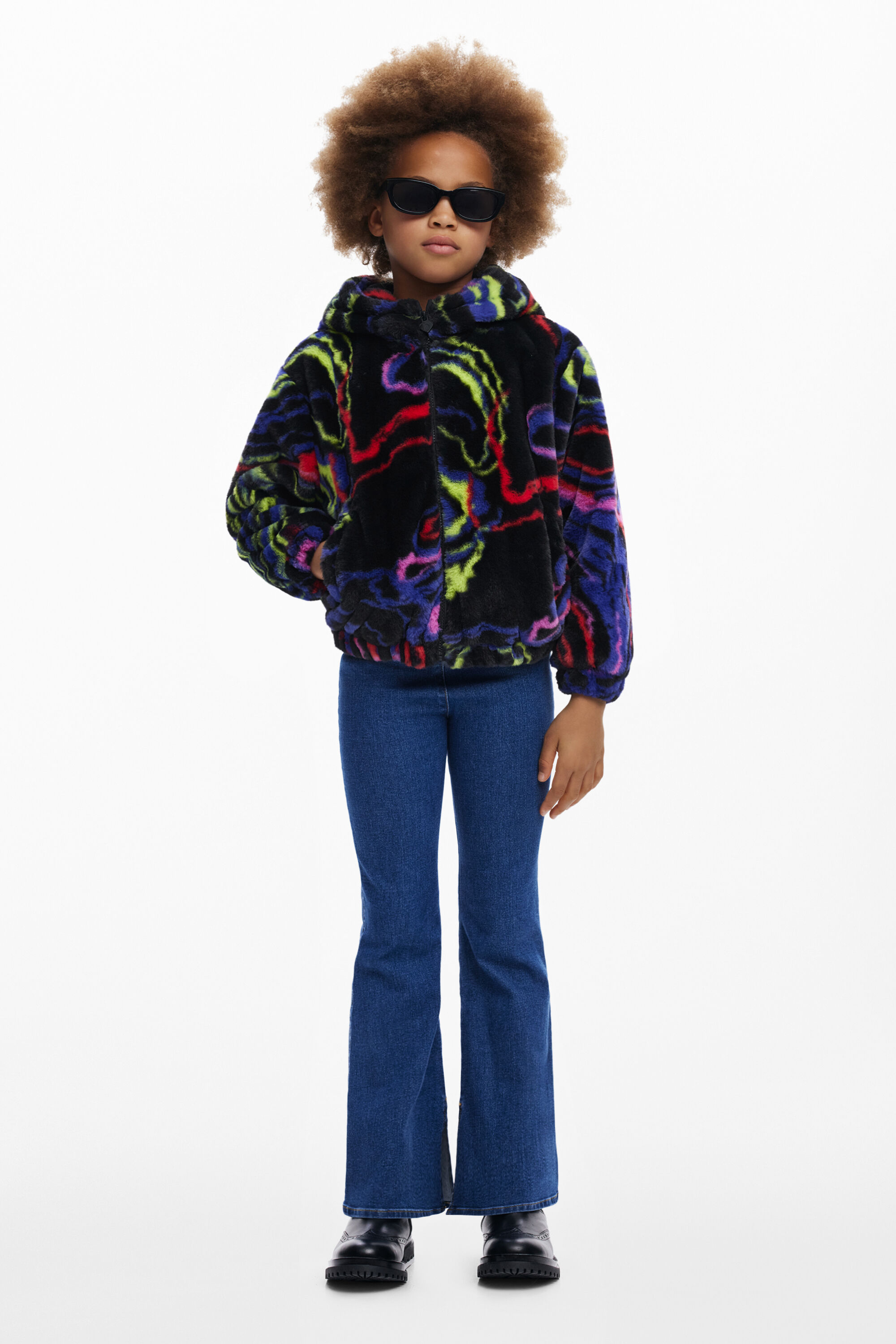 Desigual モッズ風中綿ジャケット　フード脱着可能　刺繍ビーズ　カーキ　L Rainbow fur jacket girl's I Desigual.com