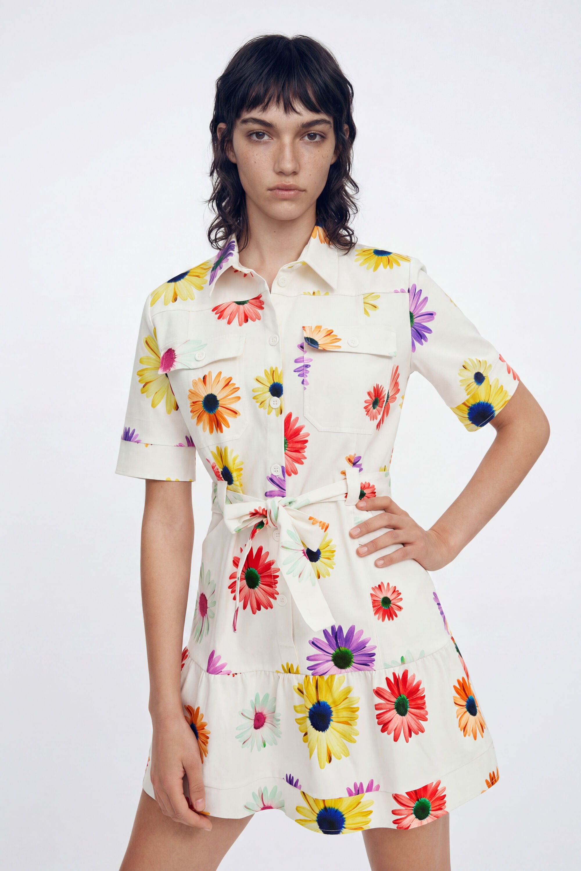 Desigual, Vestido corto camisero flores M. Christian Lacroix, Algodon, Blanco