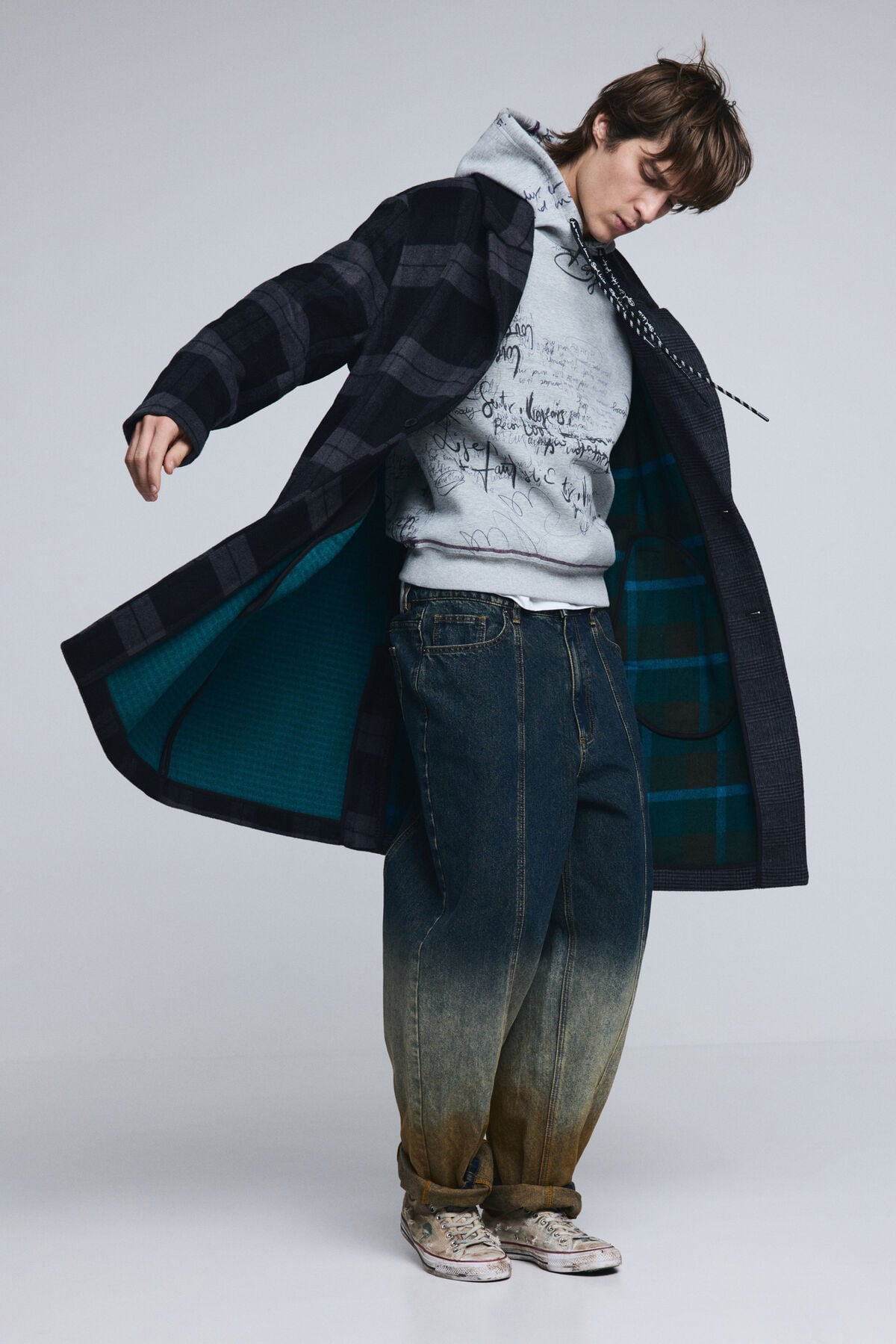 チェック柄ウールコンビコート グレー メンズ用 I Desigual.com