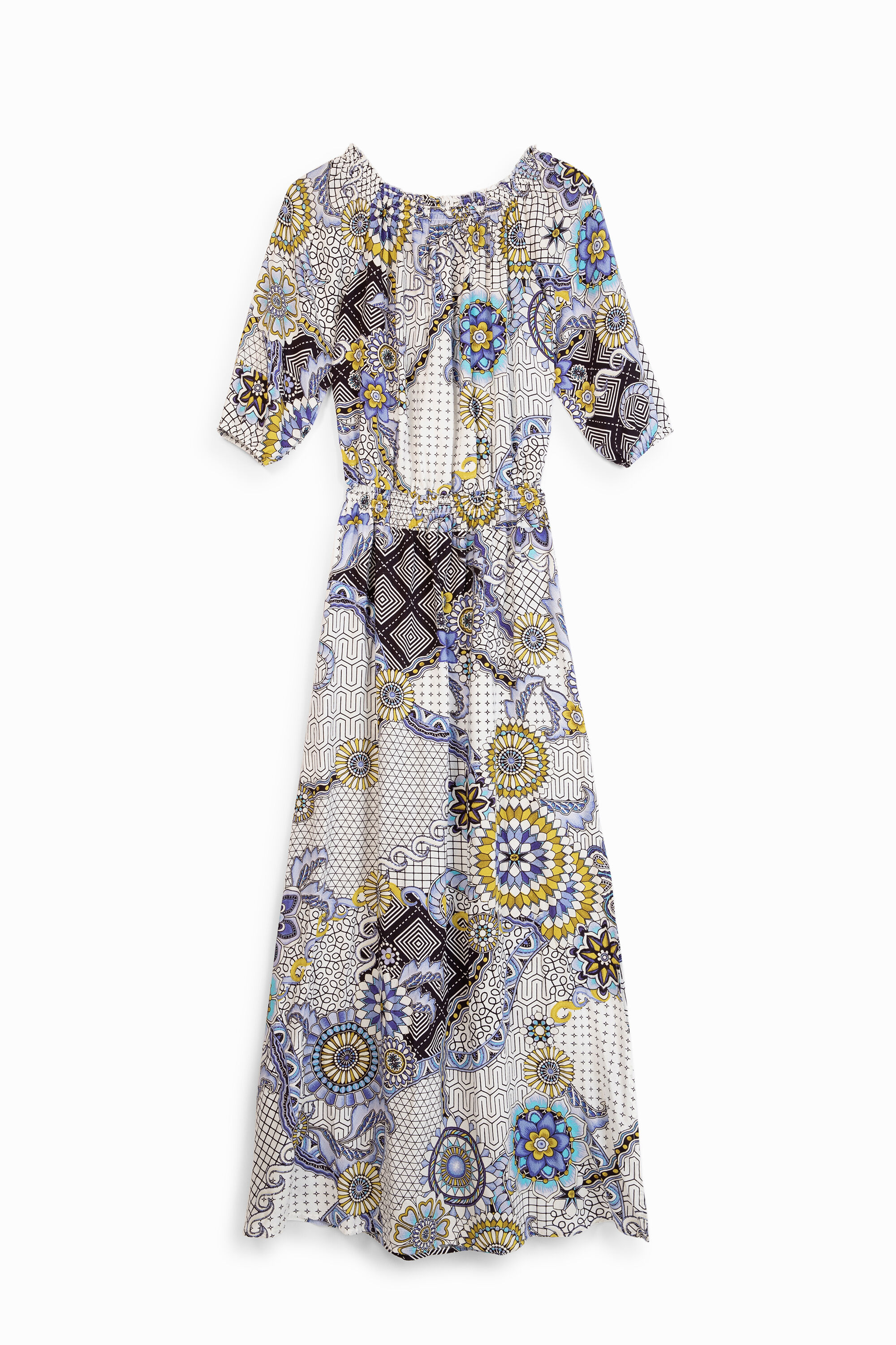 Langes, ausgestelltes Kleid mit geometrisch blumigem Muster