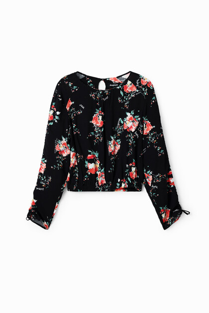 Adjustable-sleeve floral blouse